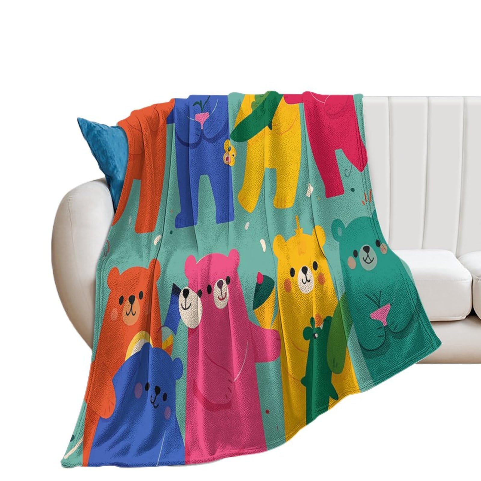 Couverture flanelle ours colorés 168x229 cm pour canapé lit