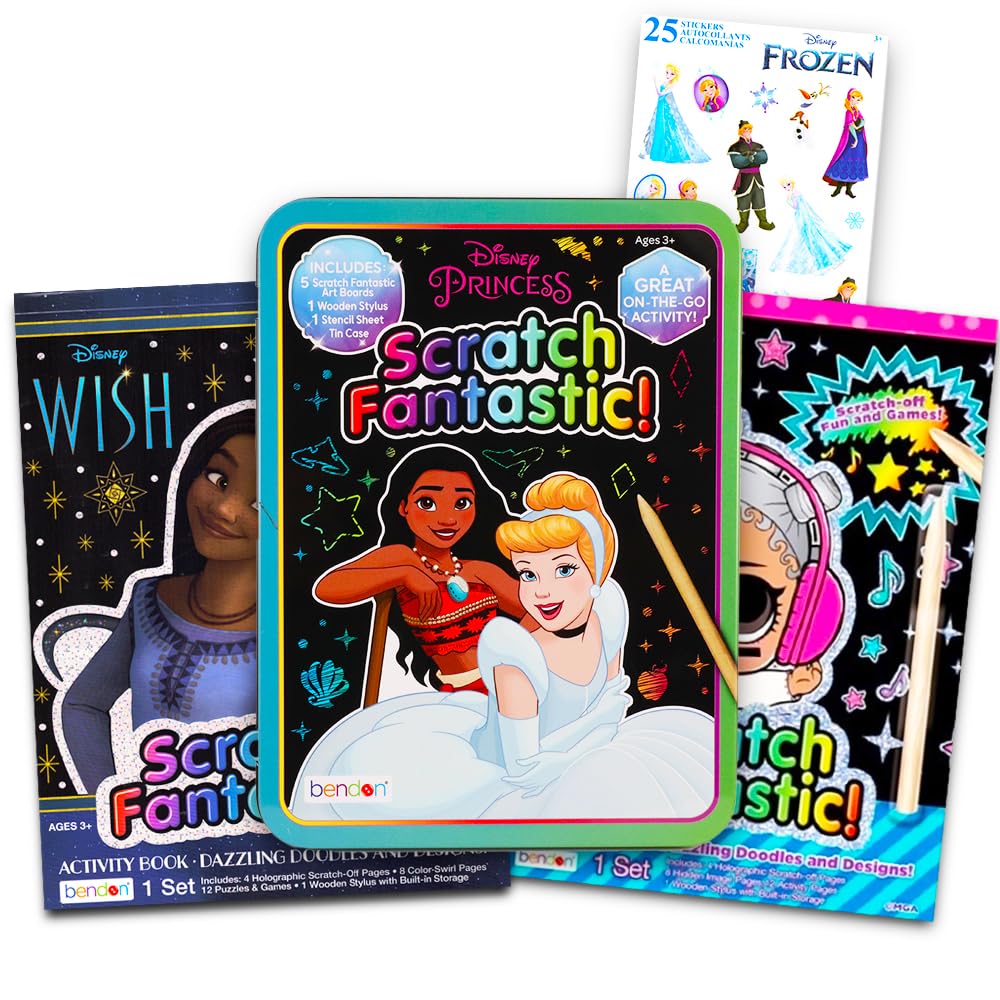 Disney Scratch Art for Girls Kids Toddlers - 3 Scratch Books for Kids Featuring Disney Princesses, LOL Surprise, and Wish with Frozen Stickers (Reveal