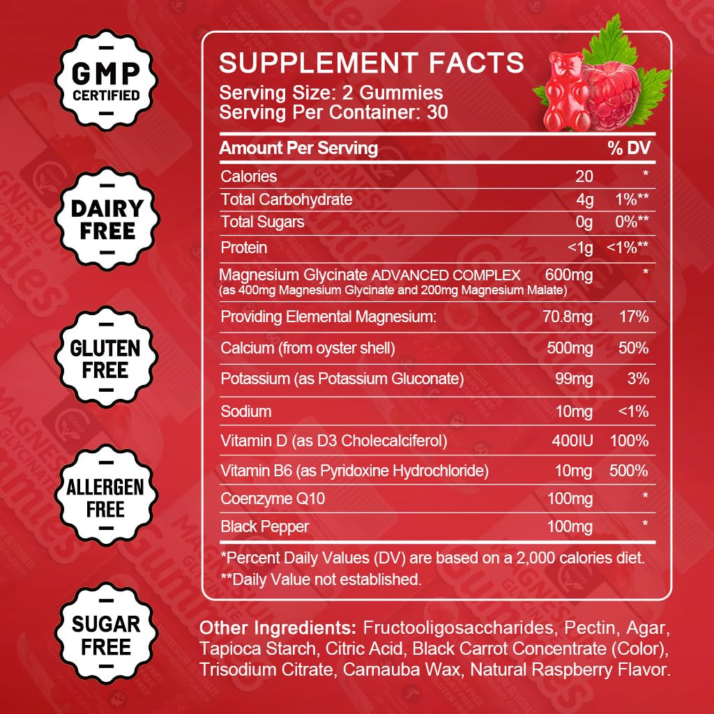 Magnesium Glycinate Gummies 400mg, Mg Potassium Supplement with Chelated Magnesium Malate Complex, Vitamin D, B6, and CoQ10, Supports for Memory, Calm, Mood & Sleep - 60 Count (Pack of 2) — Amazon image 2