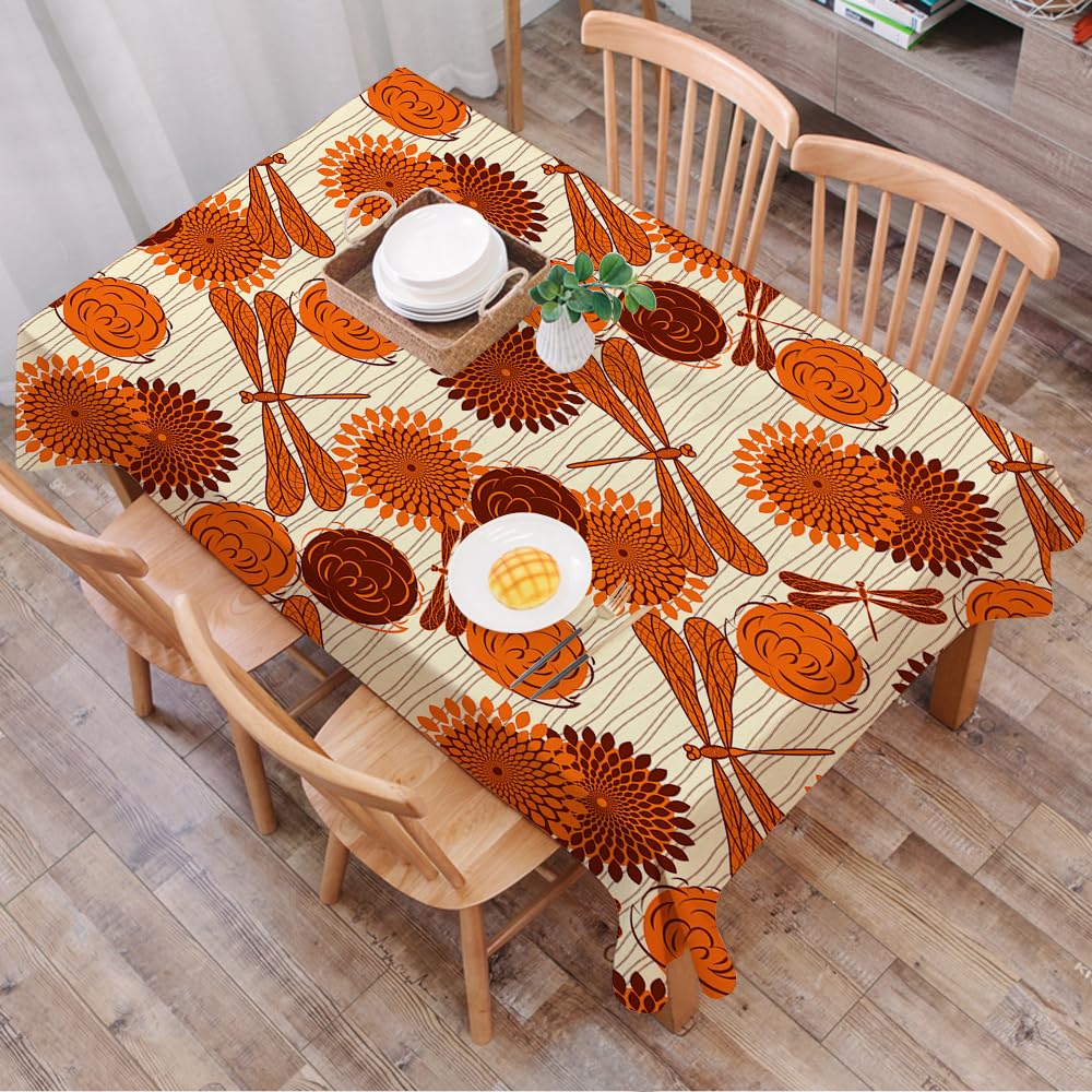 DALEXHM Table Cloth Wipe Clean Rectangular, wipeable tablecloths,Dining Table Cover for Kitchen Outdoor Garden Table,Floral pattern, repeated orange flowers and dragonfly designs evoke the s,54x72 in