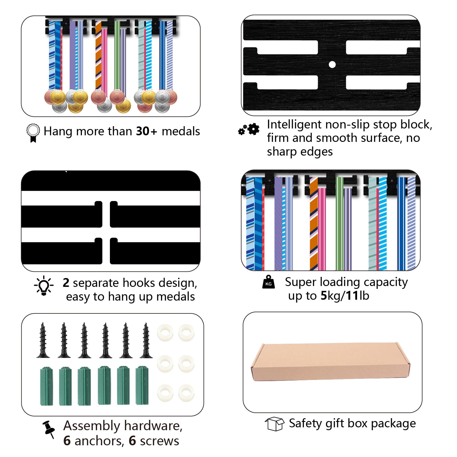 CREATCABIN Football Medal Holder Soccer Medal Hanger Display Sports Competition Awards Ribbons Organizer Black Wood Mount Decor Frame for Wall Hanging 30+ Medals Player Athlete Gifts 15.7x5.9Inch
