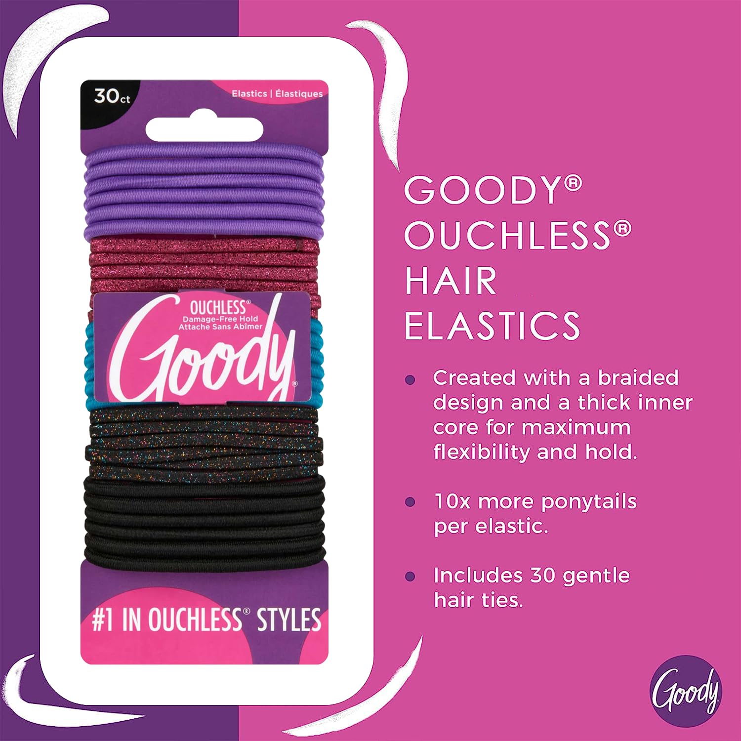 Goody Ouchless - Cintas elásticas para el cabello para mujer, 30 unidades, purpurina surtida/multicolor, 4 mm para cabello mediano, trenzas de larga duración, colas de caballo y más, accesorios para