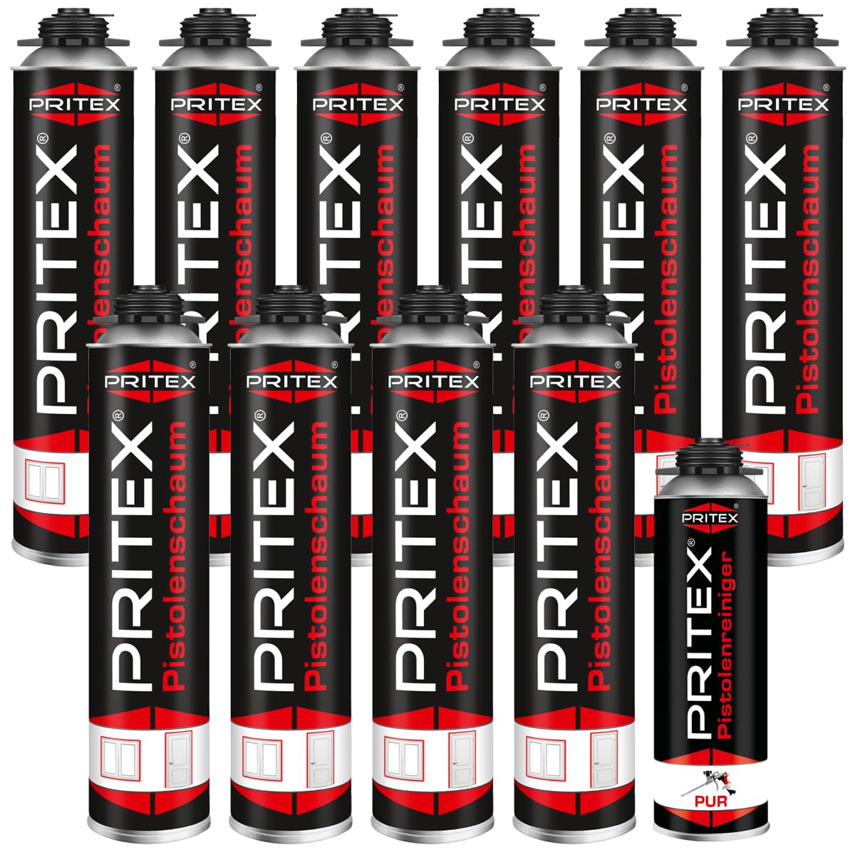 Bauschaum Set 10 x 750ml Pistolenschaum inkl. Pistolenreiniger 500ml PU Schaum Montageschaum Isolierschaum