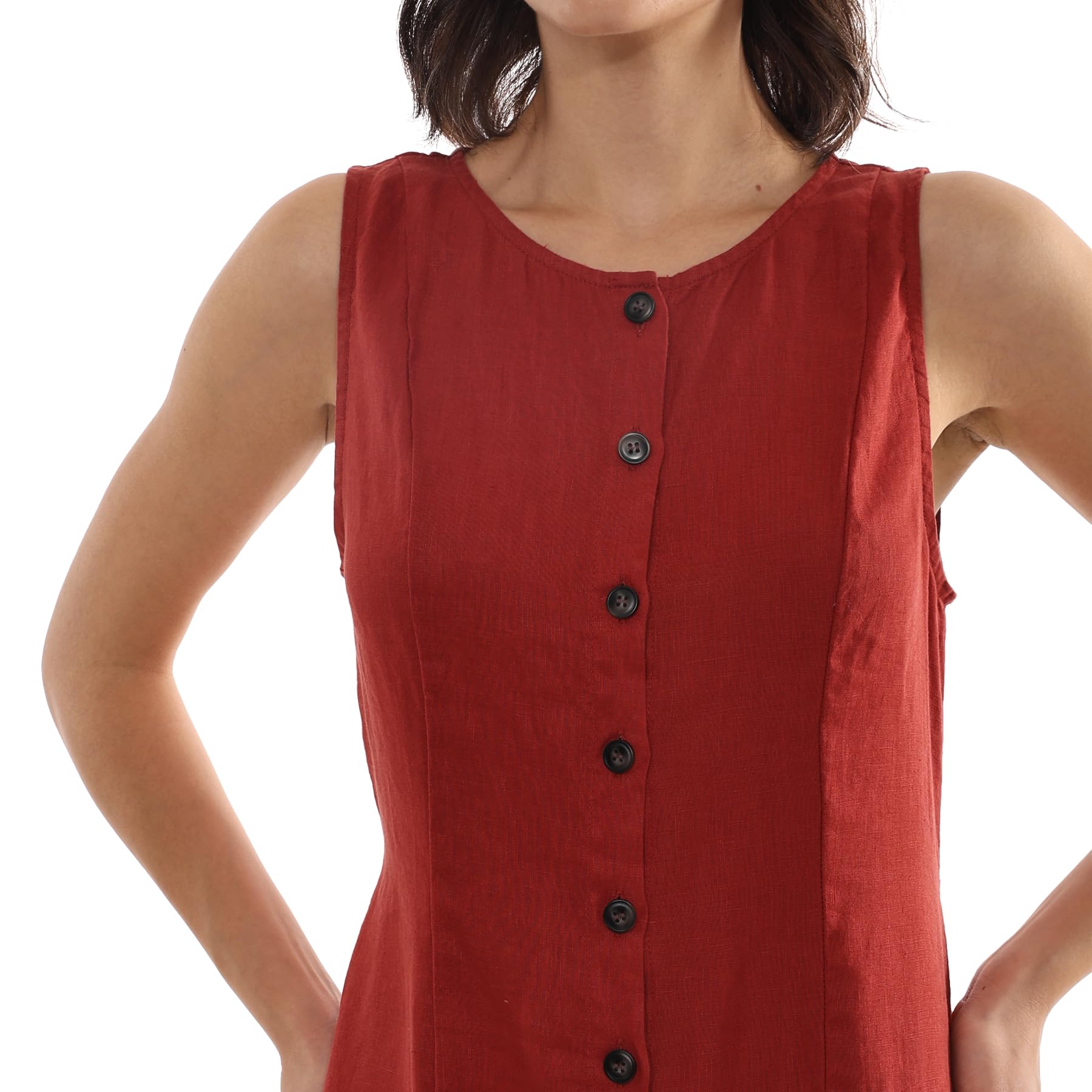 Amazhiyu Abito da donna 100% lino, maxi abito senza maniche girocollo con bottoni