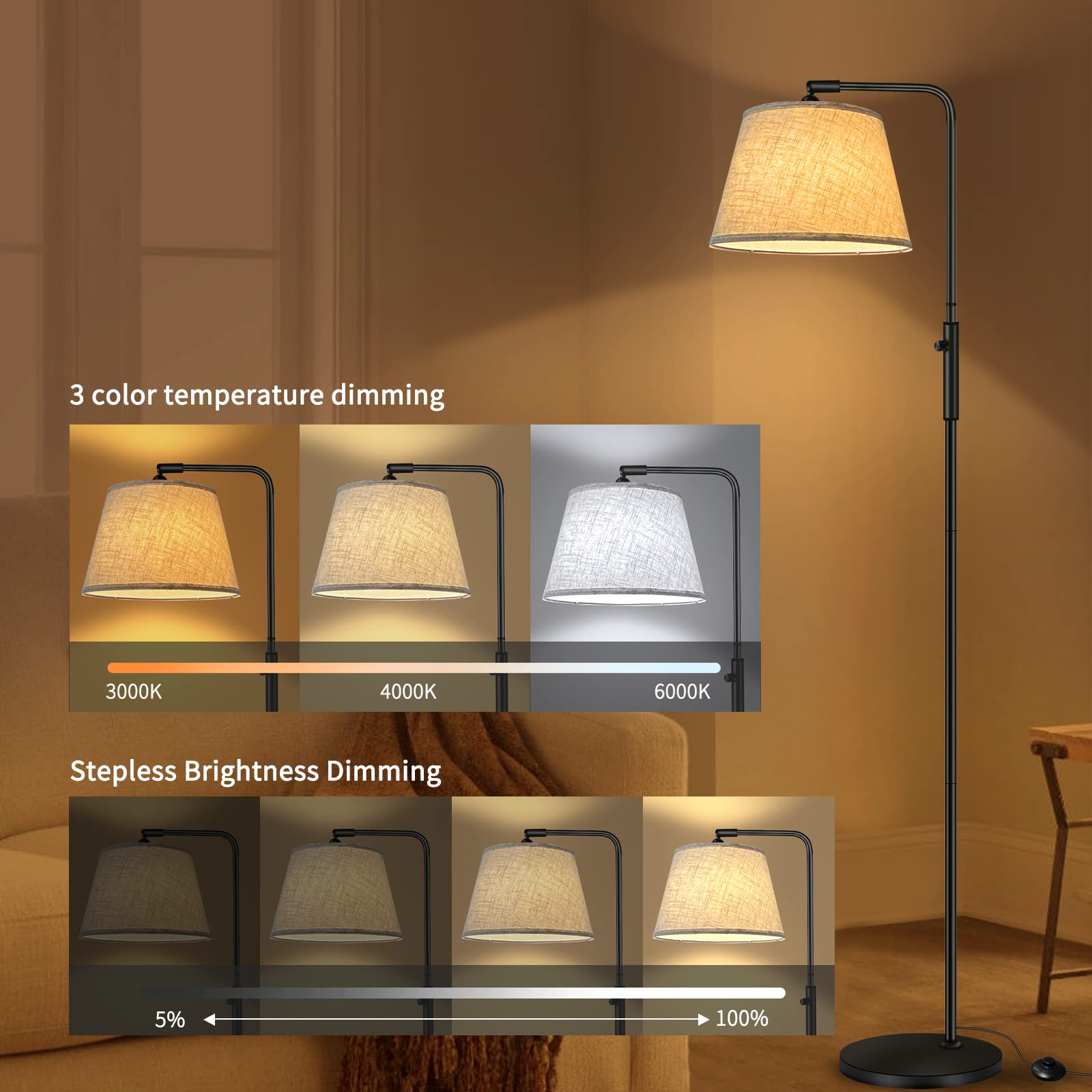 Lámpara de Pie para Salón - 3 Temperaturas de Color & Brillo Ajustable (3000K-6500K, dimmable), moderna con ángulo de luz regulable, interruptor de pie, lámpara de lectura de 170 cm de alt