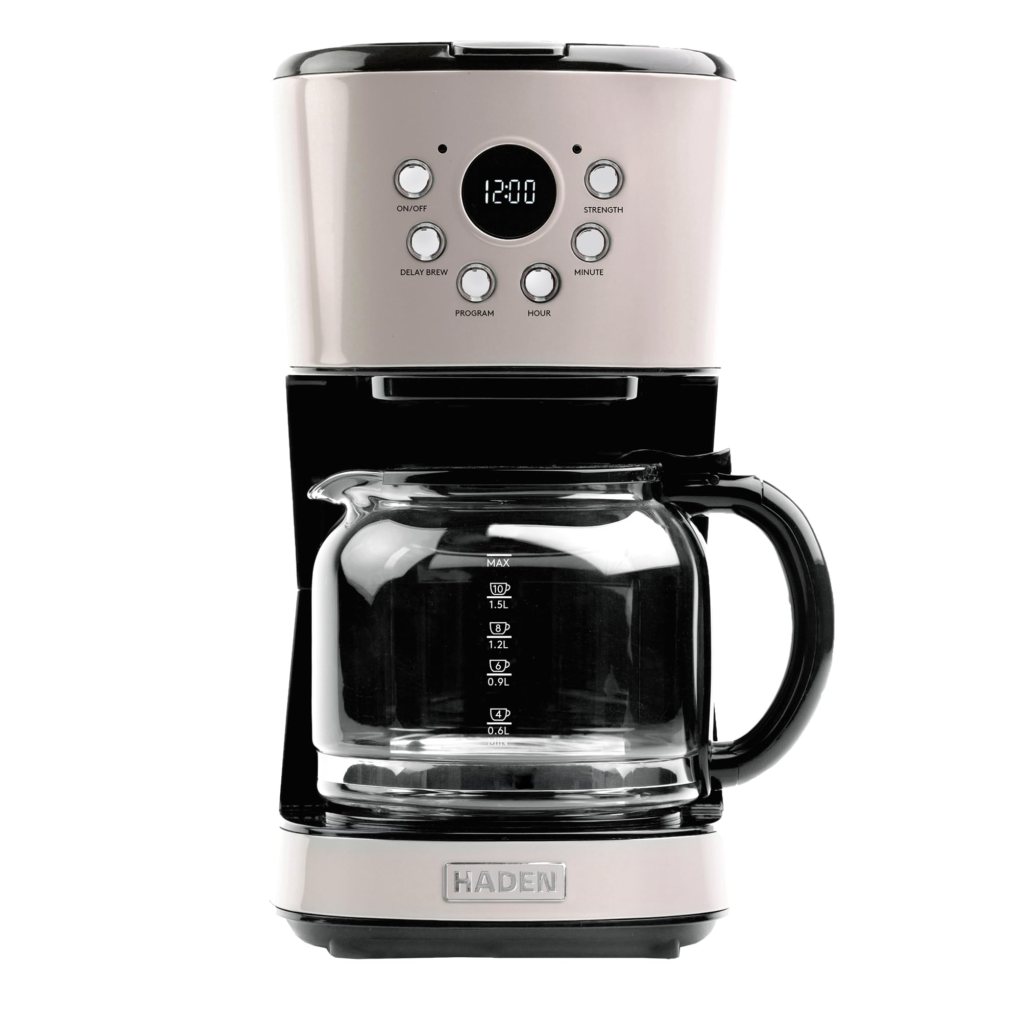 HADEN12-Cup Programmable Coffee Maker for Home or Office, Putty & Chrome – Drip Brewer Machine with Brew Strength, Delay Brewing, Auto Shut-Off and Reusable Washable Water Filter