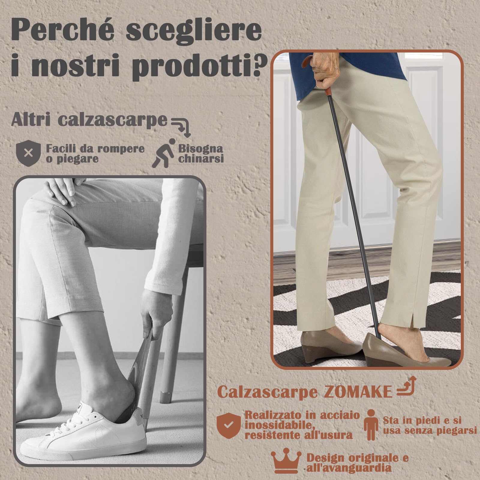 ZOMAKE Calzascarpe Lungo, Calza Scarpe Metallo Extra Lungo 72cm/80cm Calzante per Scarpe, 19cm Shoe Horn Corto per Uomini Donne Anziani