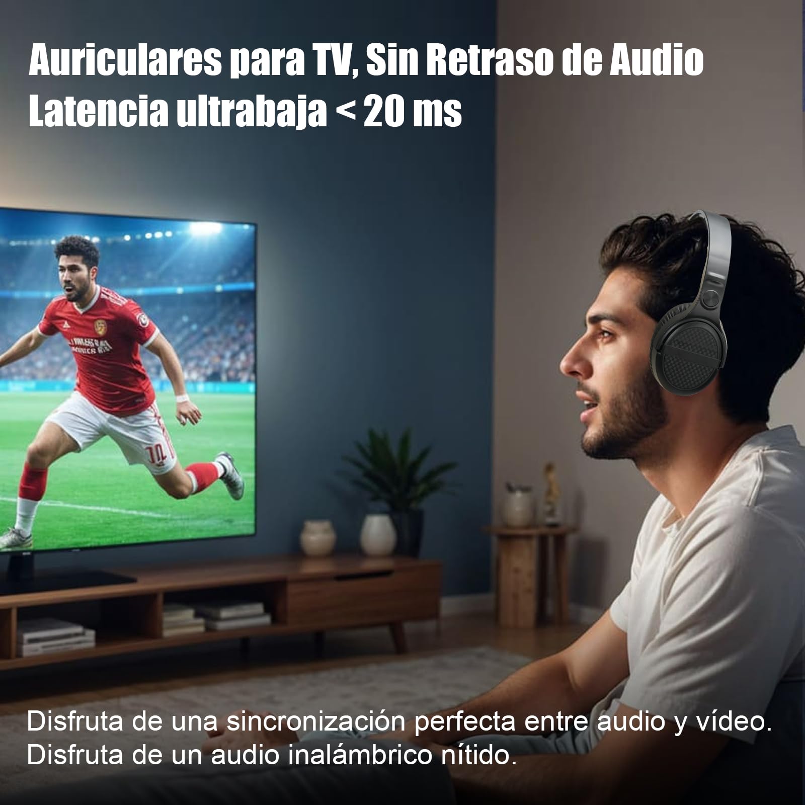 Auriculares Inalámbricos para TV con Base Transmisora de Carga, Auriculares Inalámbricos para ver la TV, Botones Grandes y Amplificación de Sonido para Personas Mayores, Auriculares Ligeros y Cómodos