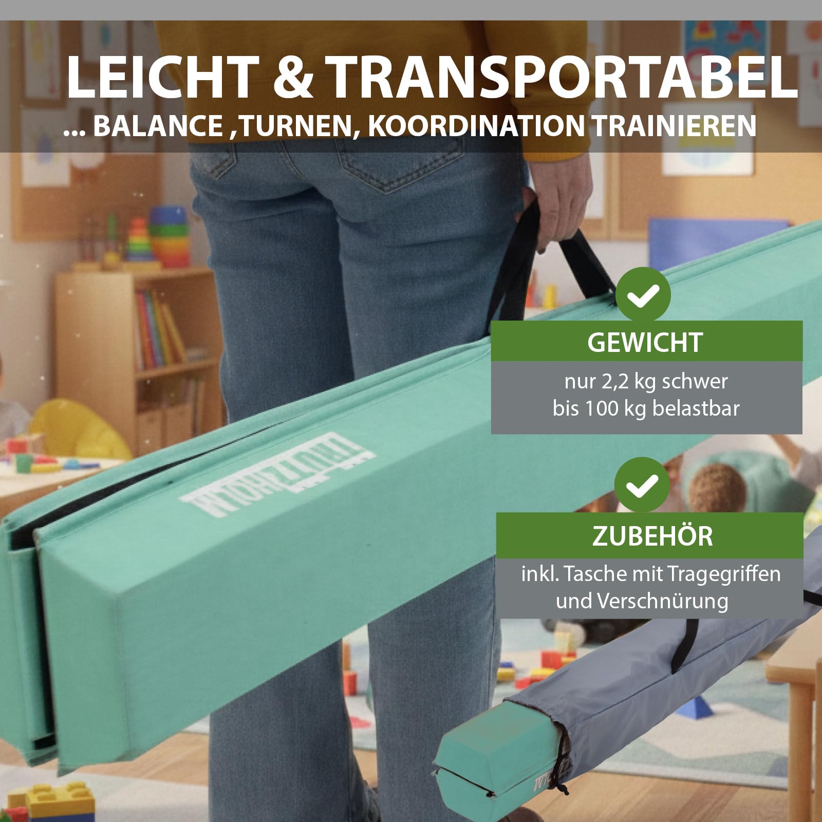 TRUTZHOLM Klappbarer Schwebebalken 210 cm | klappbar auf 105 cm | Eva-Turnbalken mit Vliesbezug inkl. Tragetasche | Balancieren, Turnen für Zuhause