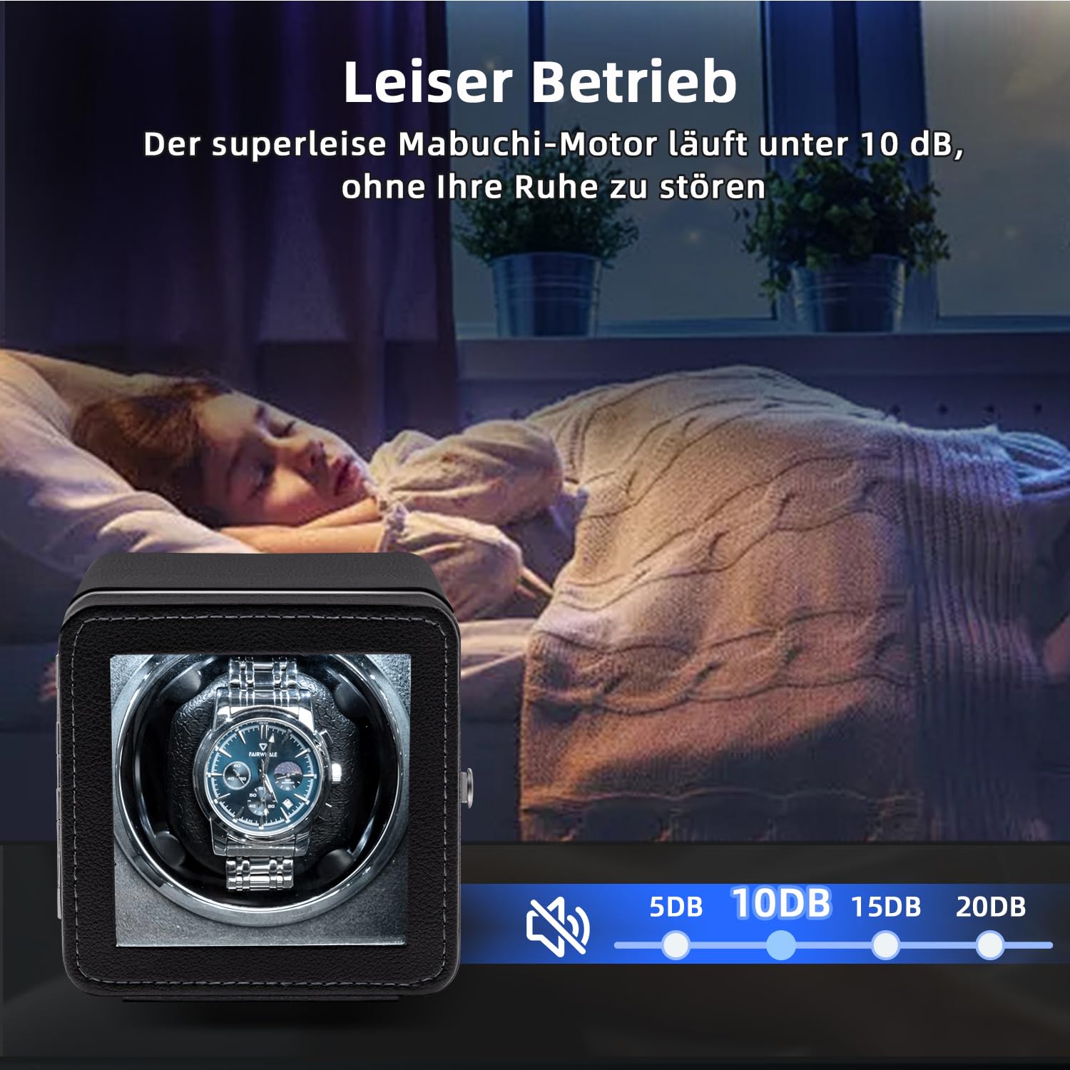 Mcbazel Automatischer Uhrenbeweger, Eleganter Automatischer Einzeluhrenbeweger Gehäuse, Leiser Motor, 4 Rotationsmodi, Uhrenbeweger Box Rechteckig, PU-Leder mit LED-Licht – Schwarz
