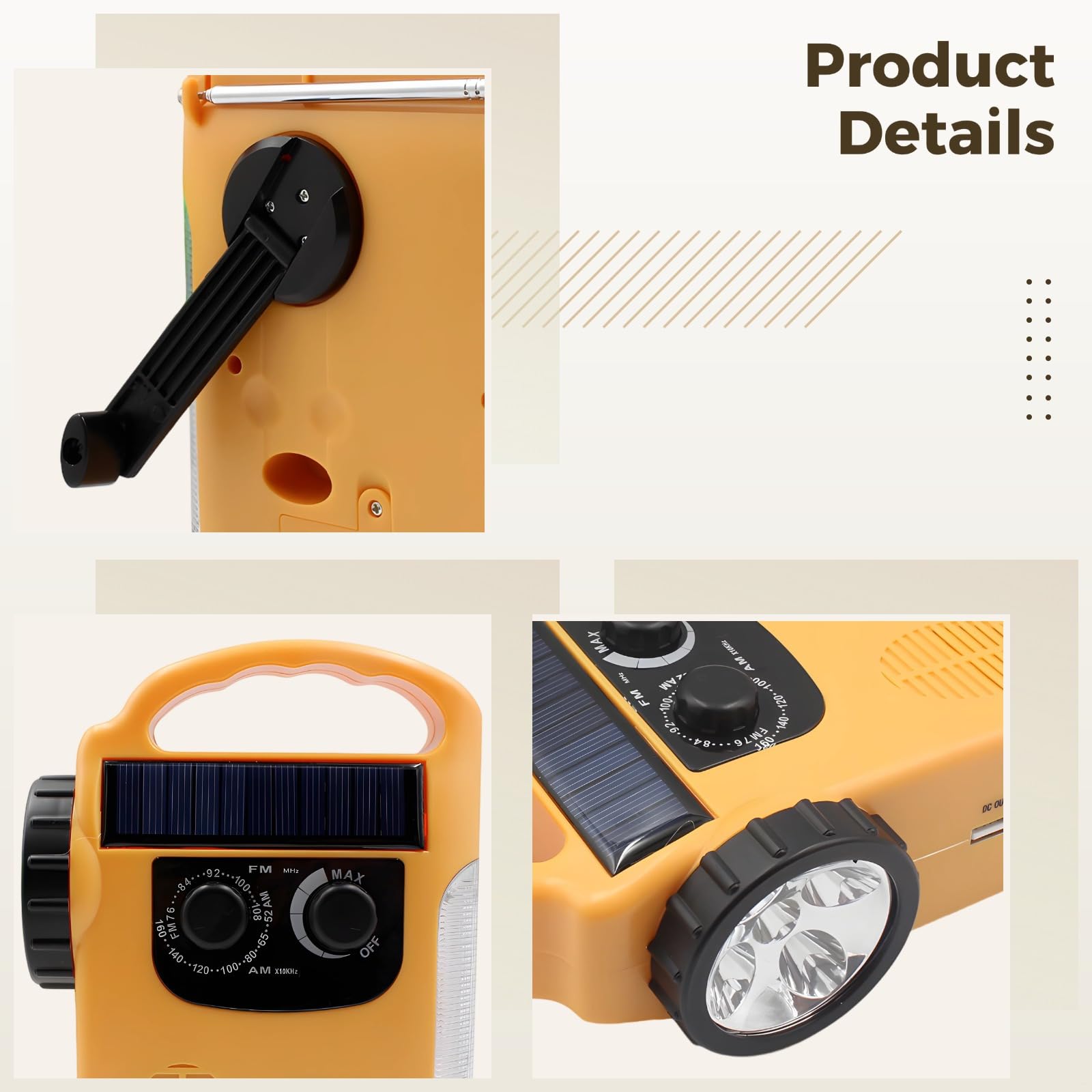 Radio korbowe słoneczne, przenośne radio awaryjne z AM/Fm, korbą ręczną, zasilanie słoneczne, latarka z 5 diodami LED, lampa do czytania z 8 diodami LED, system alarmowy na zewnątrz, do domu