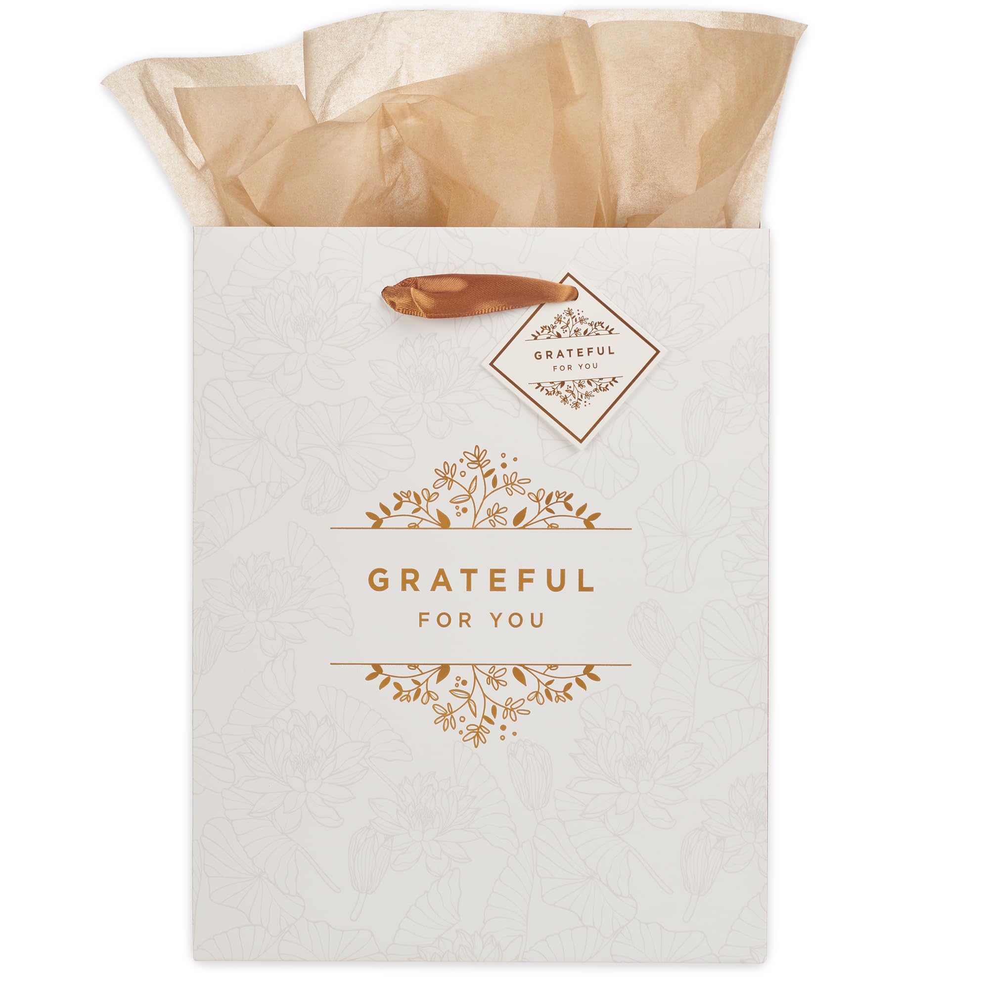 Christian Art Gifts Portrait Gift Bag w/Tag & Tissue Paper Set for Women: Grateful for You - Faith-inspired for Birthdays, Graduations, Thinking of You, White Floral, Taupe, & Golden Foil, Medium