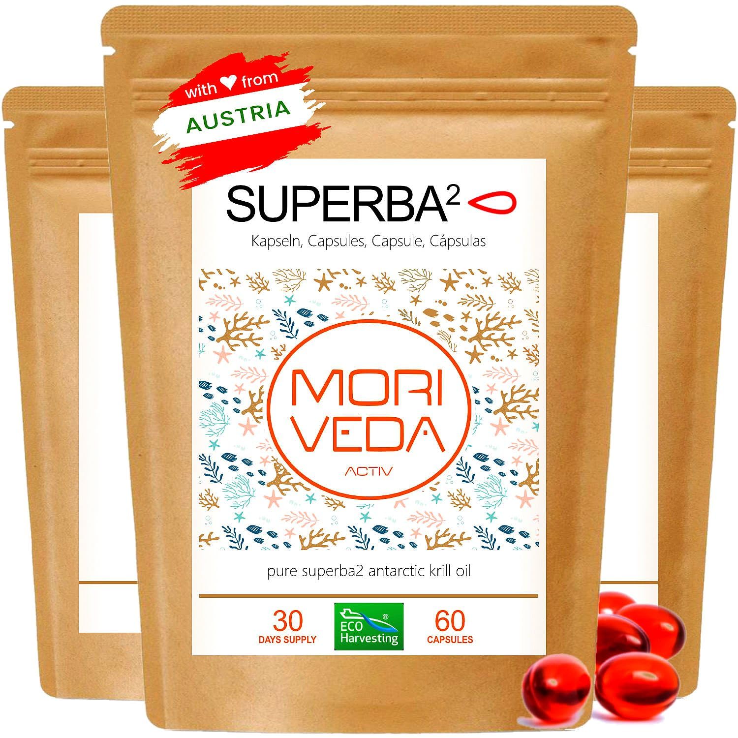 MoriVeda Superba Premium Krillöl, Softgel Caps, mit revolutionärem Omega 3 Öl, verestertem Astaxanthin, Antioxidantien und Vitaminen, MSC-zertifiziert & nachhaltig, 180 Stück