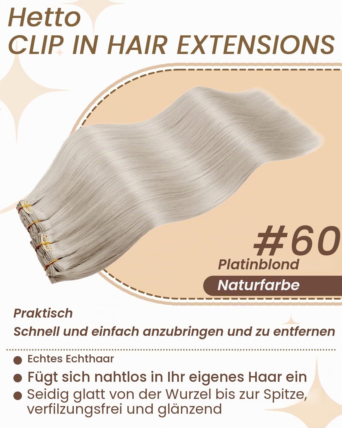 Hetto Clip in Extensions Echthaar Platinblond - Für Kurze Haare: Invisible & Seamless für Hochzeit/Party, Extra Starke Clips für Sofortiges Volumen 35cm 80g 5pcs 60