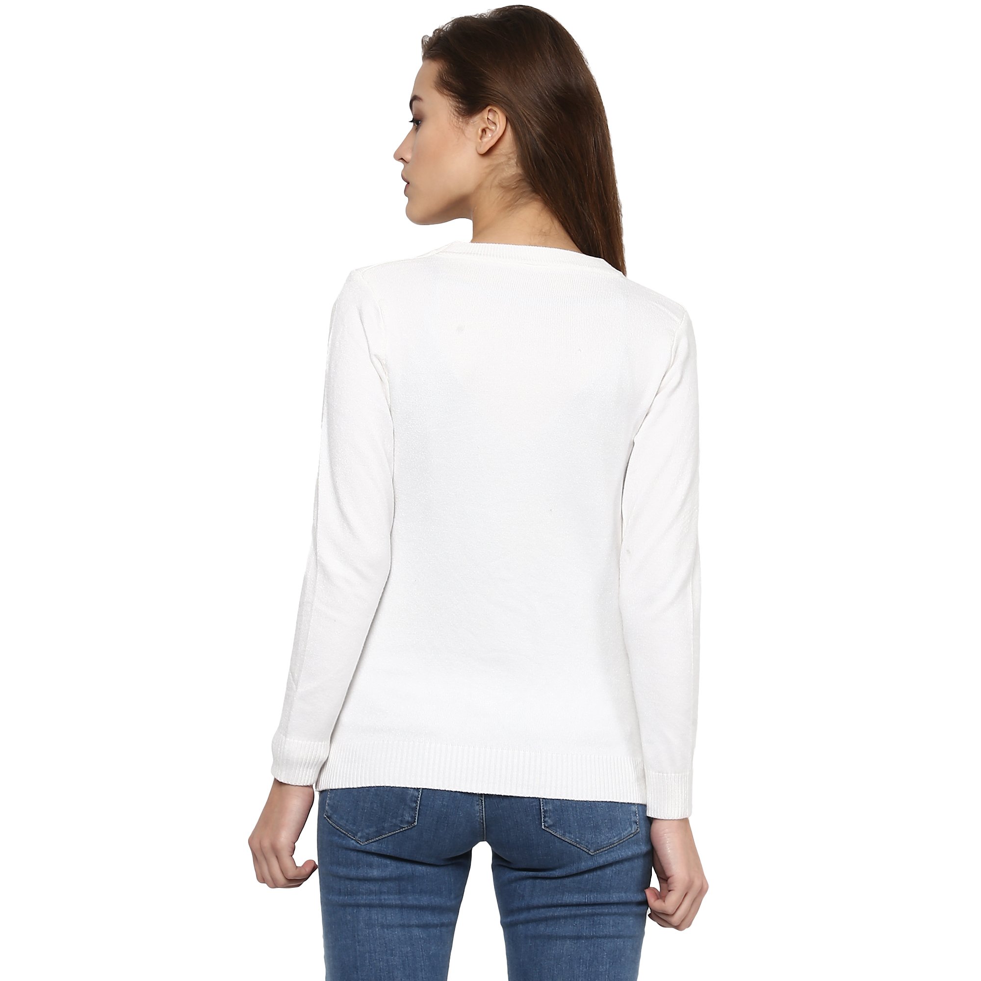 CAMEY Women's Fashion Stretchy Round Neck White Long Sleeve Pullovers Sweaters Top 1