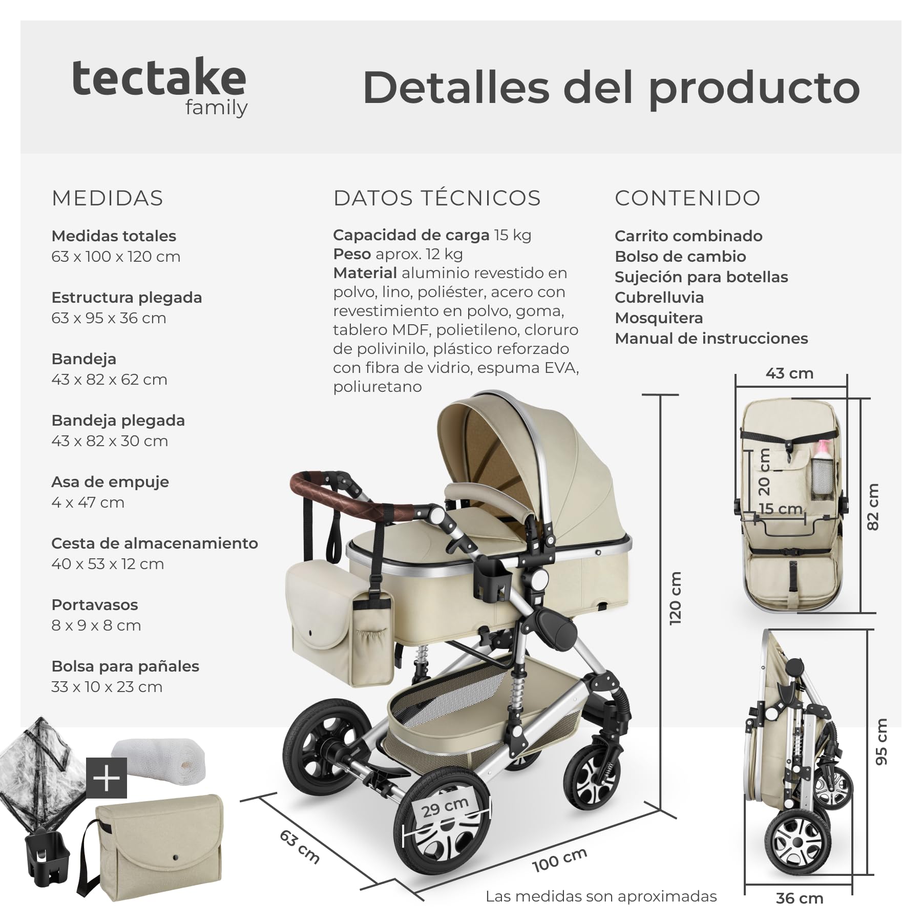 tectake® Cochecito Bebé Combinado 2 en 1, Carrito Bebé Plegable con Capazo Extraíble, Silla de Paseo con Respaldo Ajustable, Arnés de 5 Puntos, Freno de Pie y Capota Plegable, Carro Bebés - gris/beige