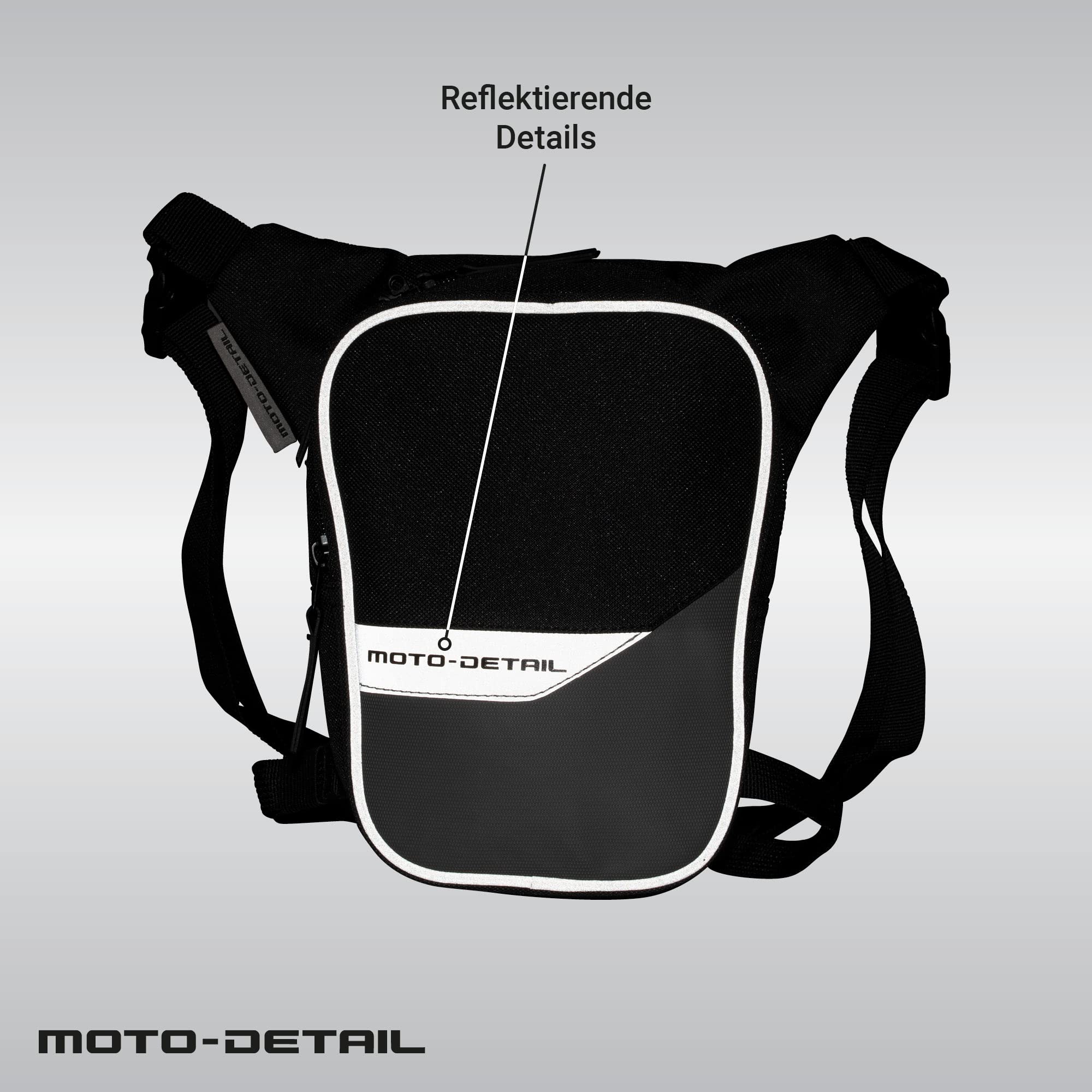 Beintasche 1 Liter, Wasserabweisendes Außenmaterial, Ideal als Motorrad Beintasche Herren & Damen, Abschließbar, Robuste Oberschenkeltasche, Reflektierende Details, Weitenverstellbar