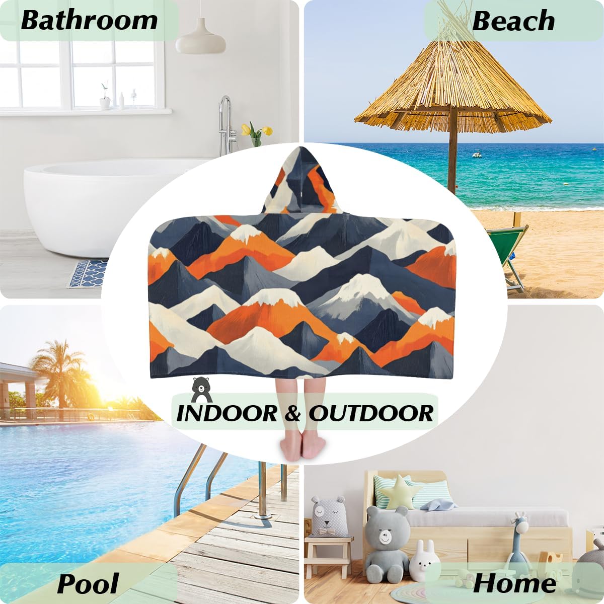 Kids Hooded Bath Towel for Boys Girls, Landscape Mountains Pattern Paint Cotton Hooded Beach Towel Wearable Wrap Poncho for Toddler Swimming Pool