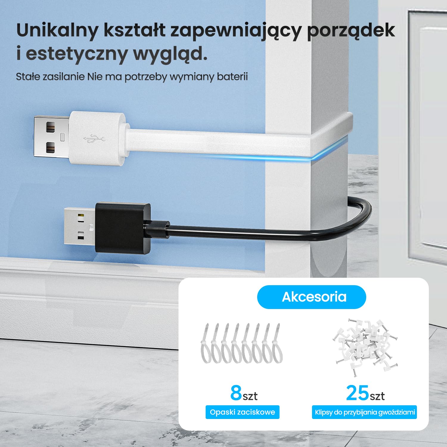 5 m płaski kabel USB-A do USB-C, bardzo długi przedłużacz do ładowania kamer monitorujących, smartfonów, tabletów, kontrolerów do gier i innych, obsługuje transmisję danych – biały