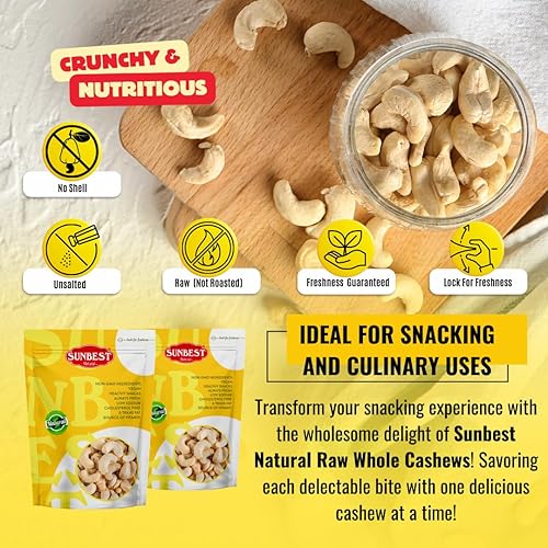 Miniatura 3 de Sunbest Natural Anacardos enteros crudos, bolsa a granel de 3 libras (48 onzas), sin tostar y sin sal, sin OMG, vegano, keto, paleo, sin gluten,