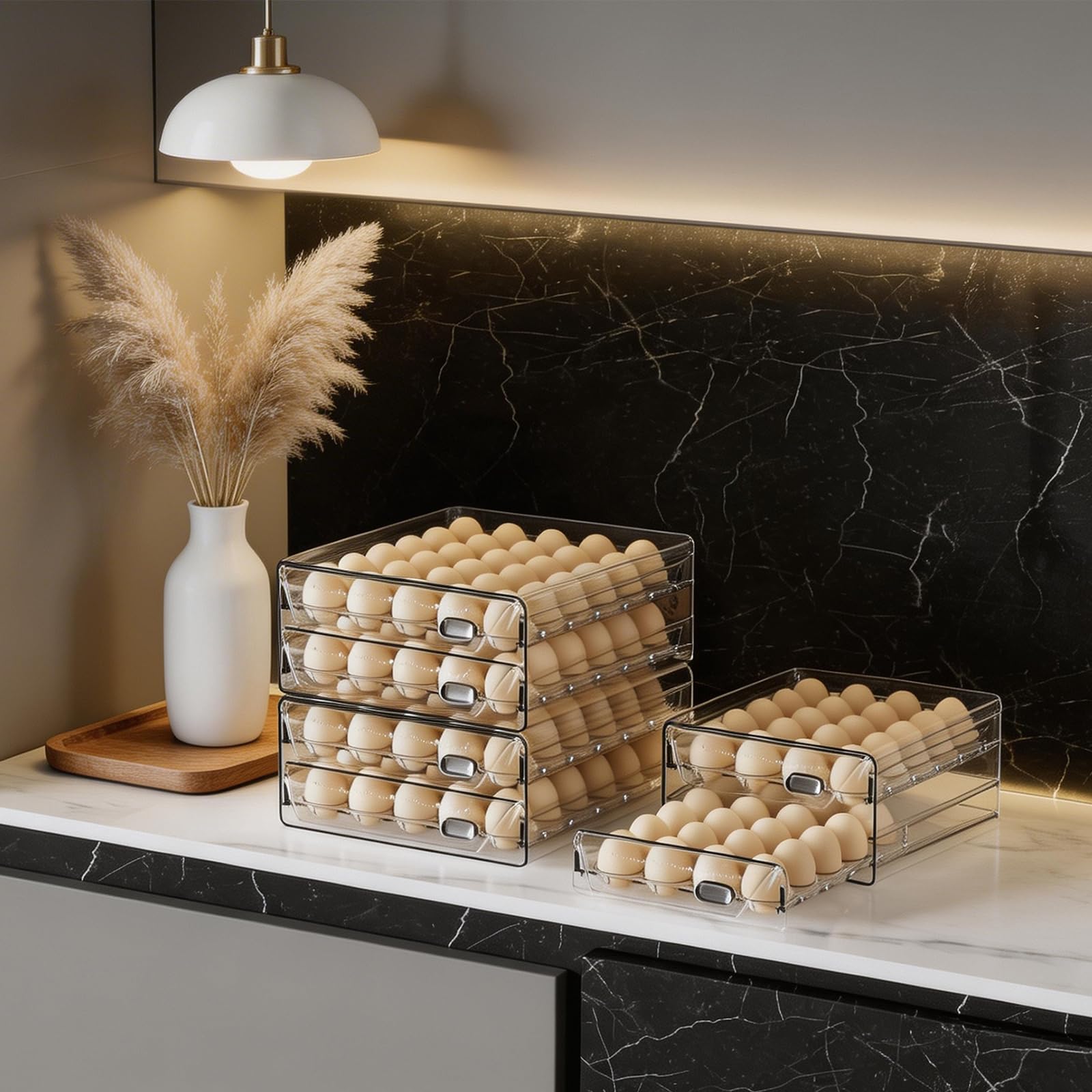 HIYOHIYO Soporte para huevos de 40 rejillas para refrigerador, contenedor de huevos de PET transparente con escala de tiempo, cajones apilables de polipropileno de grado comestible, bandeja