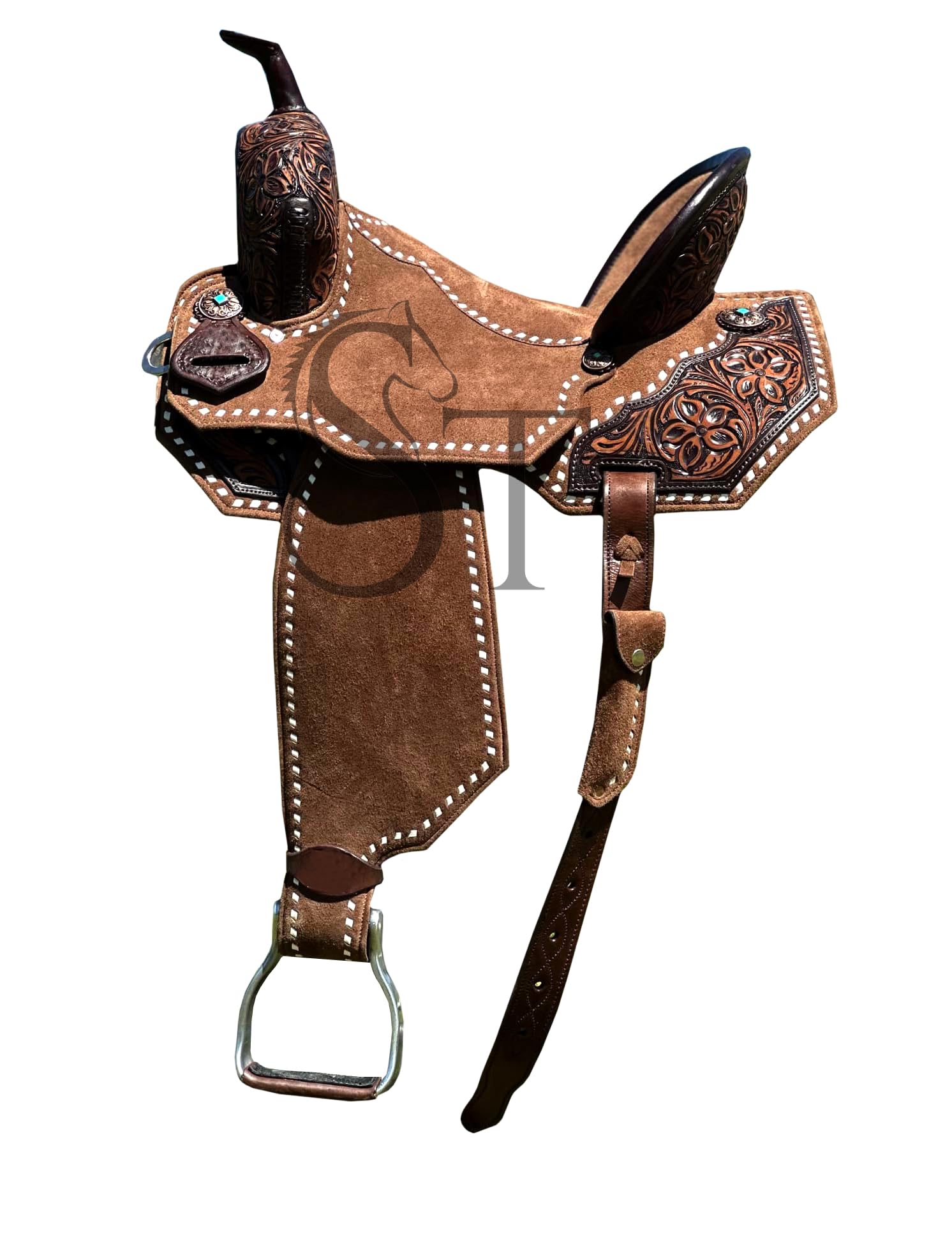 ST-228 Sattelzaumzeug aus hochwertigem Leder, Westernfass für Rennpferde, Größe 30,5 cm bis 45,7 cm, Türkis