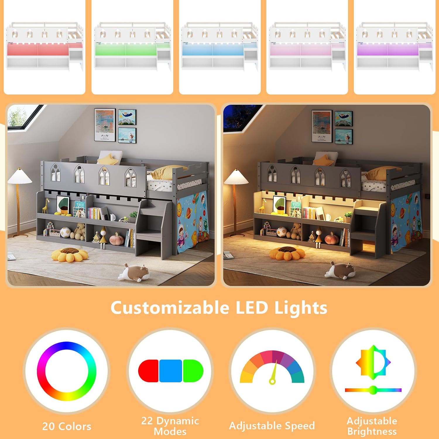 Image showing the customizable LED lights feature of the JOYMOR Low Loft Bed, with icons for 20 colors, 22 dynamic modes, adjustable speed, and adjustable brightness.