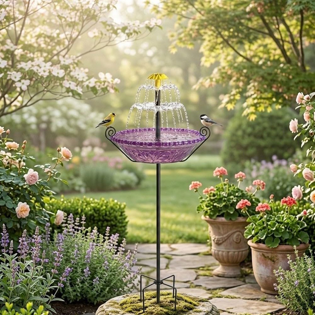 Solar Powered Garden Fountain With Birdbath And Stand Outdoor Water Feature Sunlight Operated No for battery Cordless Design Separate Solar Panel(Purple)