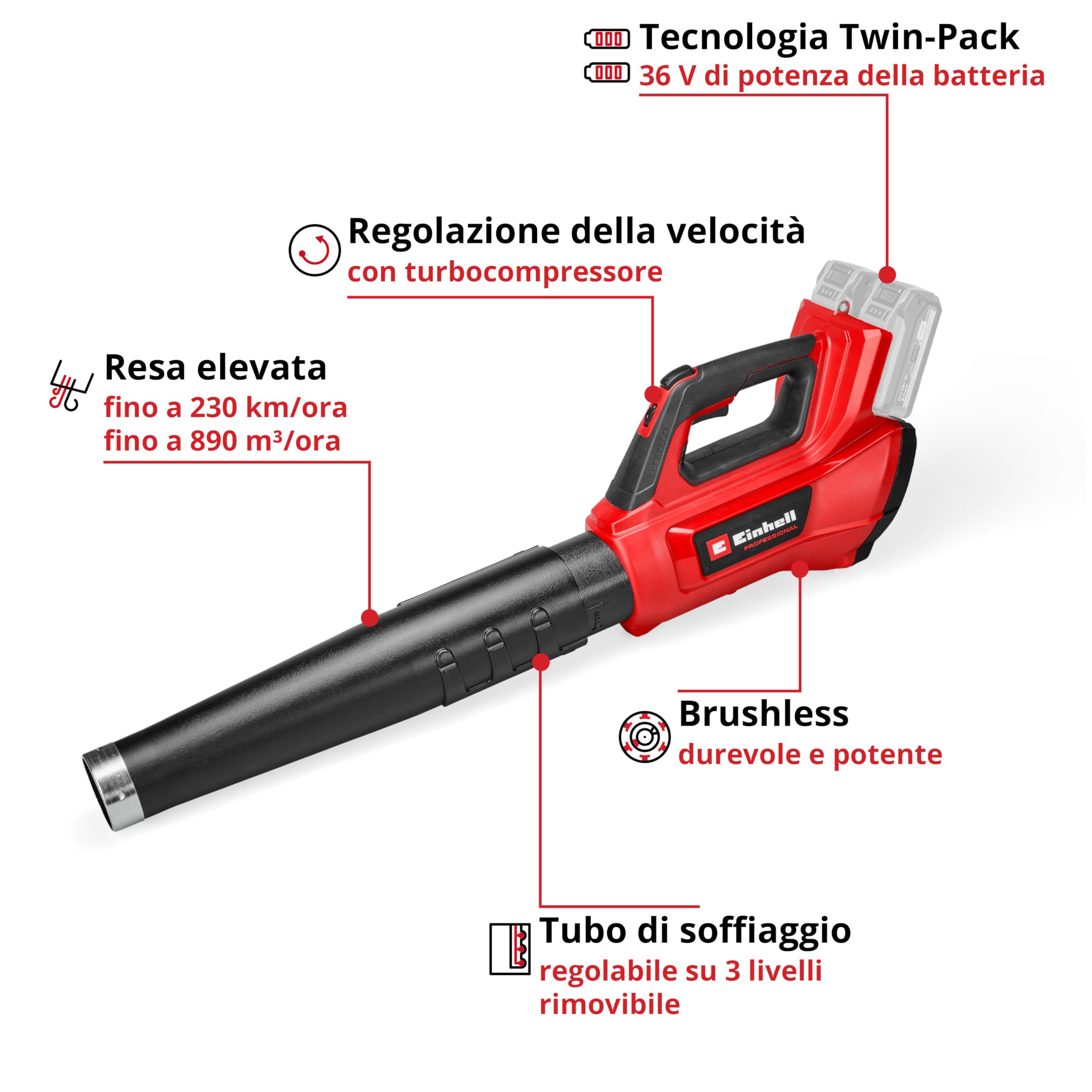 Spazzafoglie Einhell Professional GP-LB 36/230 Li T BL-Solo Power X-Change (36 V, aria 230 km/ora, Brushless, regolaz. giri, tubo 3 stadi, senza batteria)