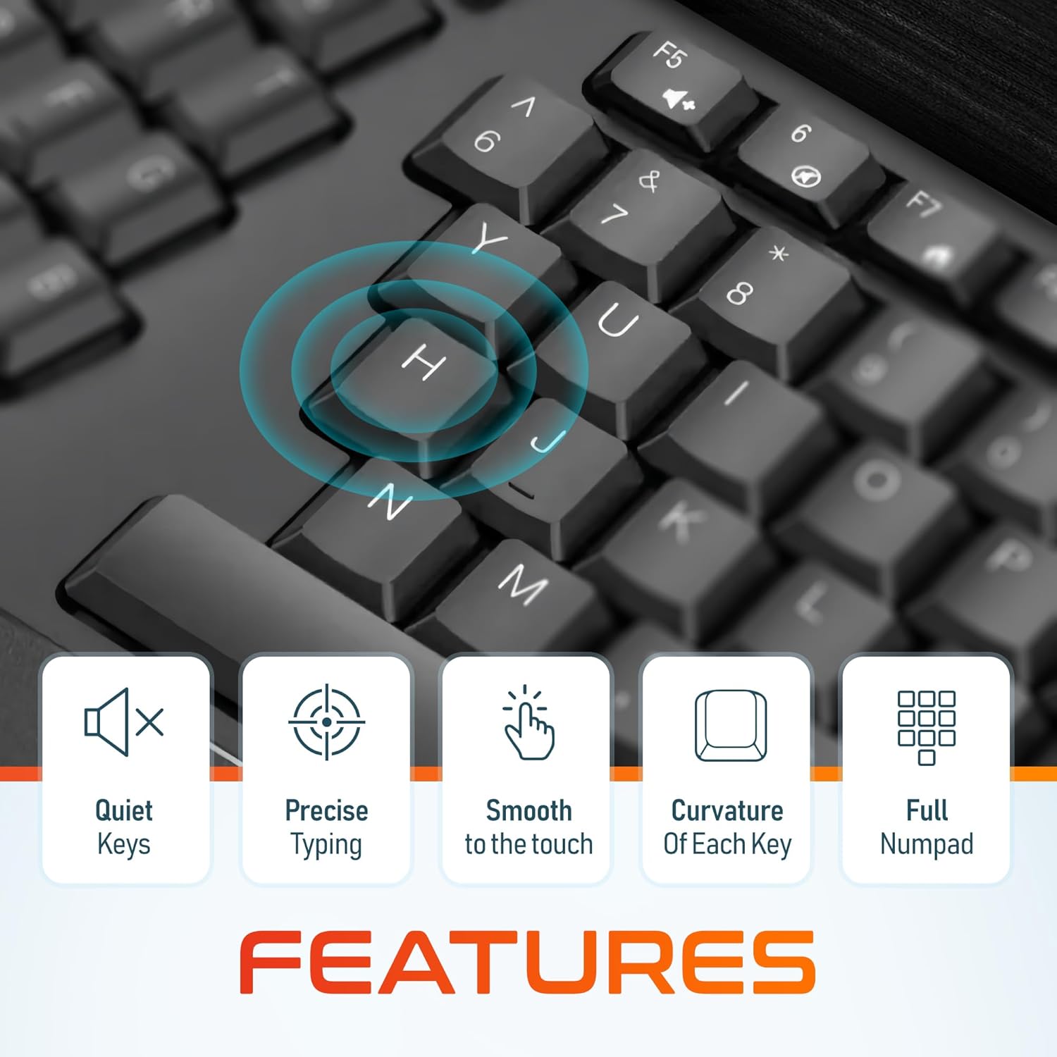 Close-up of keyboard keys highlighting quiet, precise, smooth, and curved features