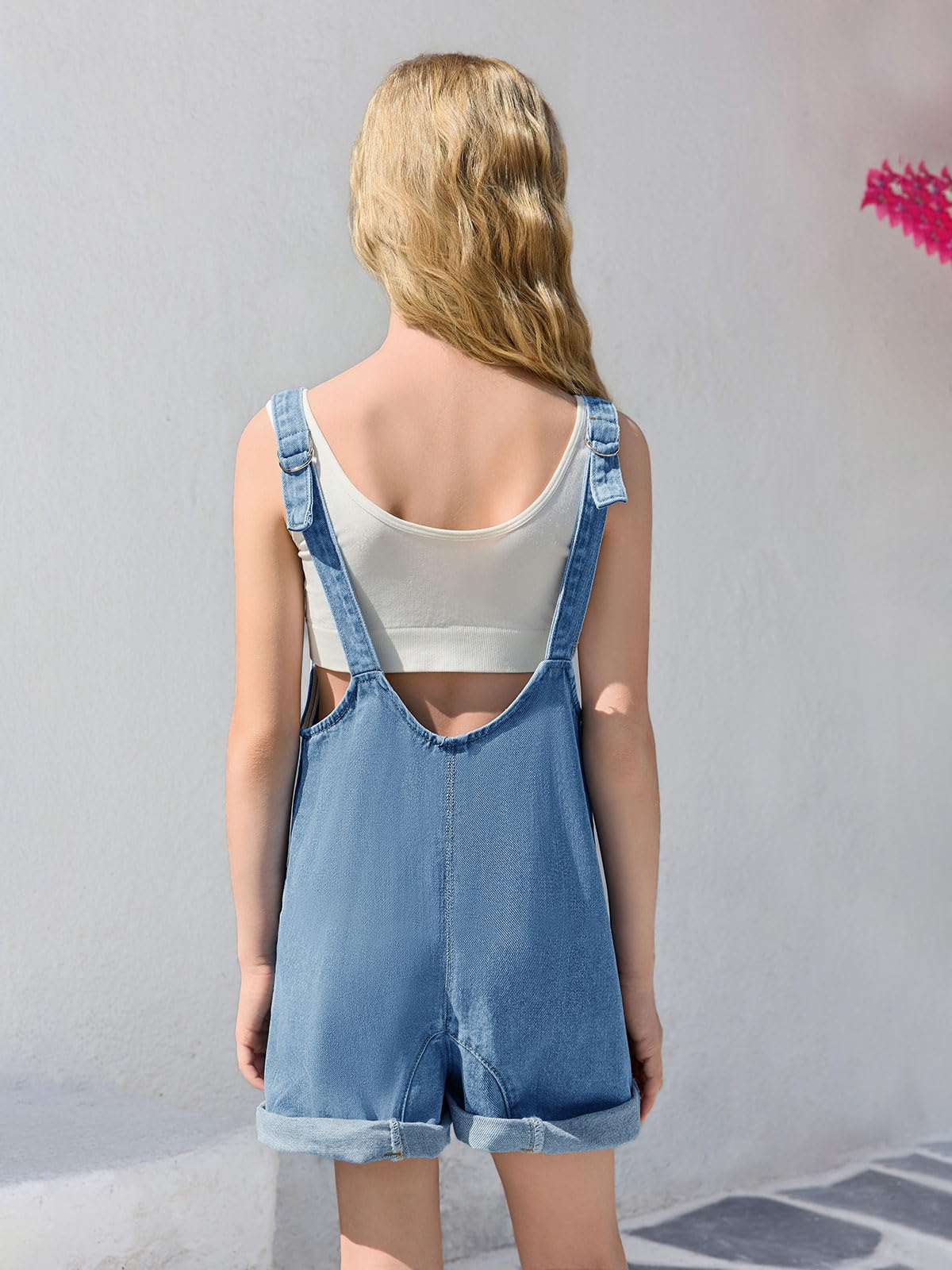 Haloumoning Overol de mezclilla para niñas, pantalones cortos de verano con tirantes ajustables, pantalones cortos de mezclilla para 5 a 14 años