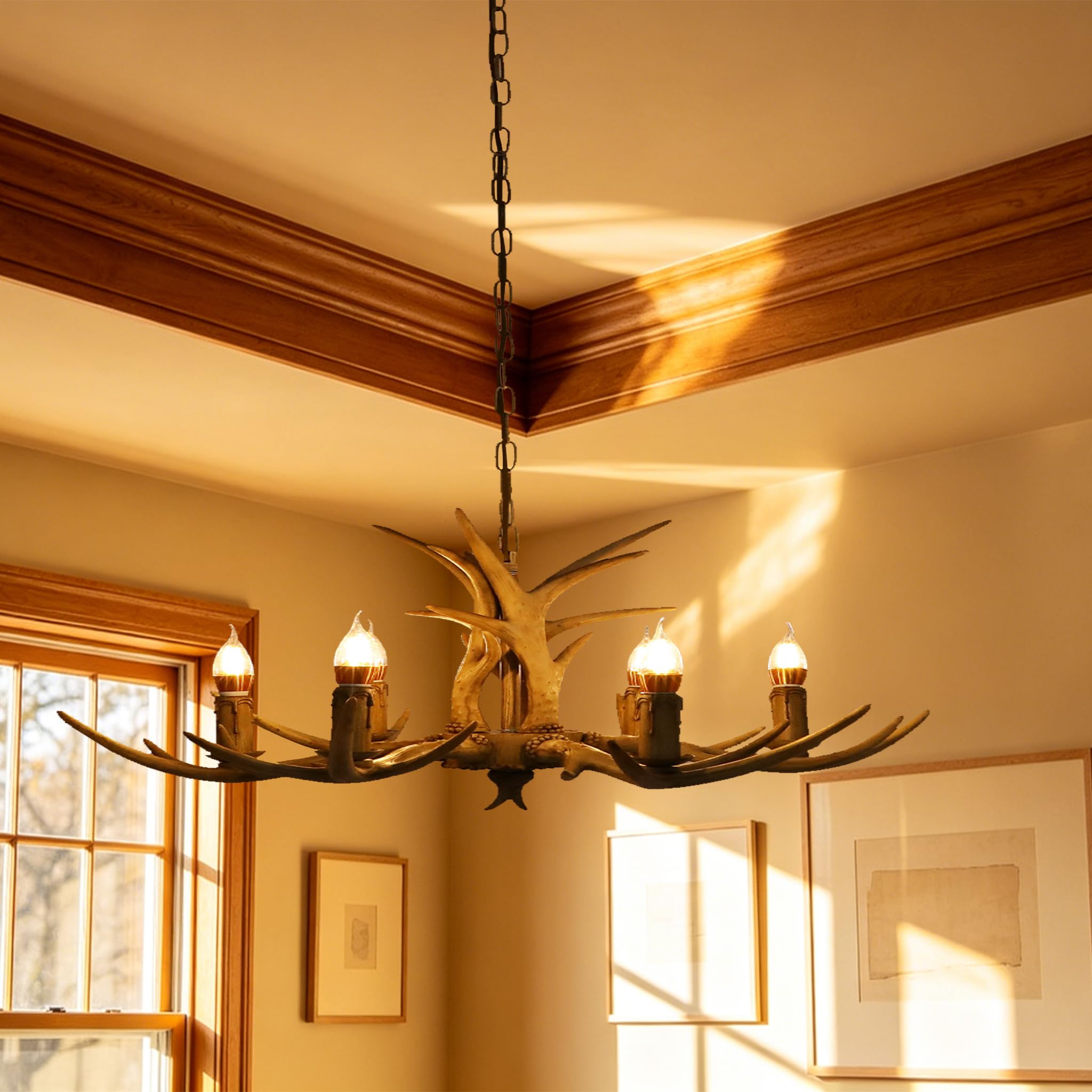 Fridgestea Brown Retro Antler Chandelier With E14 Bulbs Adjustable Large Deer Antler Chandelier For Ceiling 19-55 Inch Vintage Resin Antler Light | Rustic Hanging Antler Lights For Living Room & Dining Room