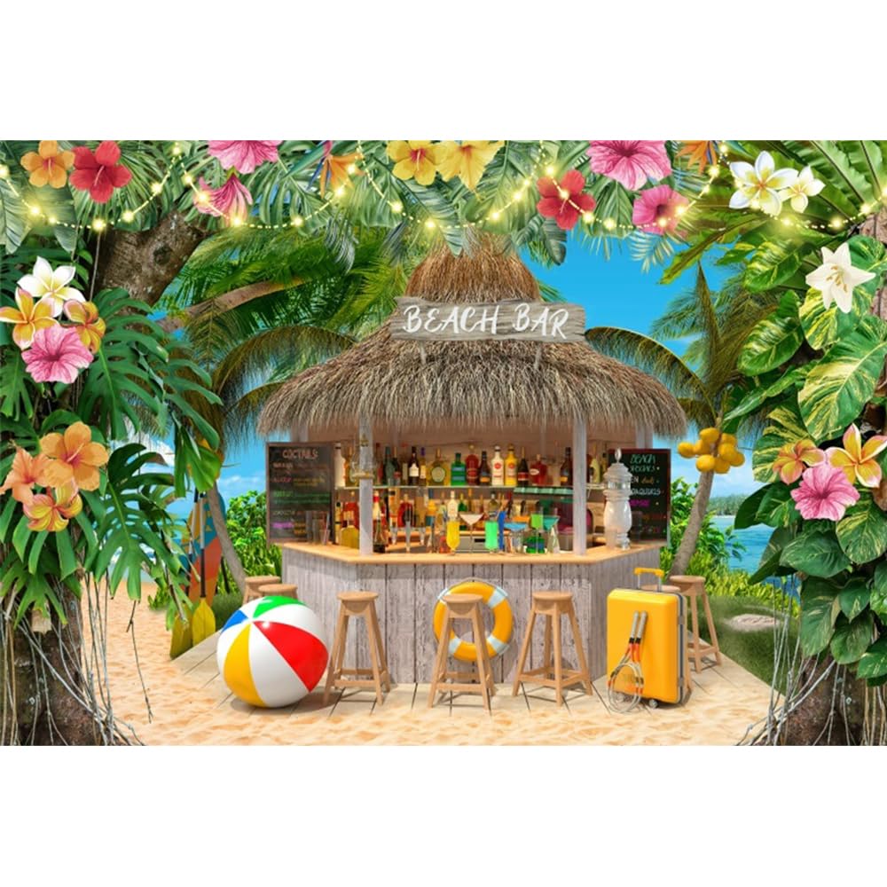 3x2,2m Toile de Fond de Bar de Plage d'été Palmiers tropicaux Floral Bleu Ciel Fond Photographique pour océan Plage Mariage Douche de bébé décoration de fête bannière photomaton