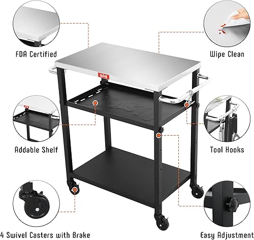 Miniatura 5 de Mesa de parrilla de 3 estantes, soporte para horno de pizza con estante ajustable, carrito de parrilla móvil, para exterior, carrito de bar al aire