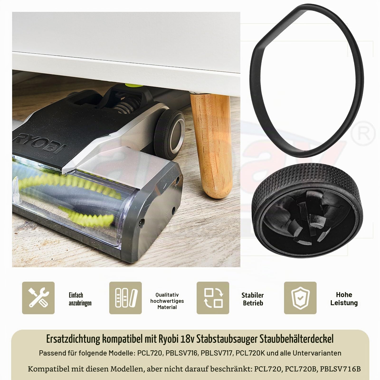 Ersatzrad und Dichtung für Ryobi 18 V schnurlosen Staubsauger PCL720B, PCL720K, PBLSV716B, PBLSV716K, PBLSV717B, PBLSV717K schnurloser Staubsauger, Silikon-Ersatzräder, 2 Sets