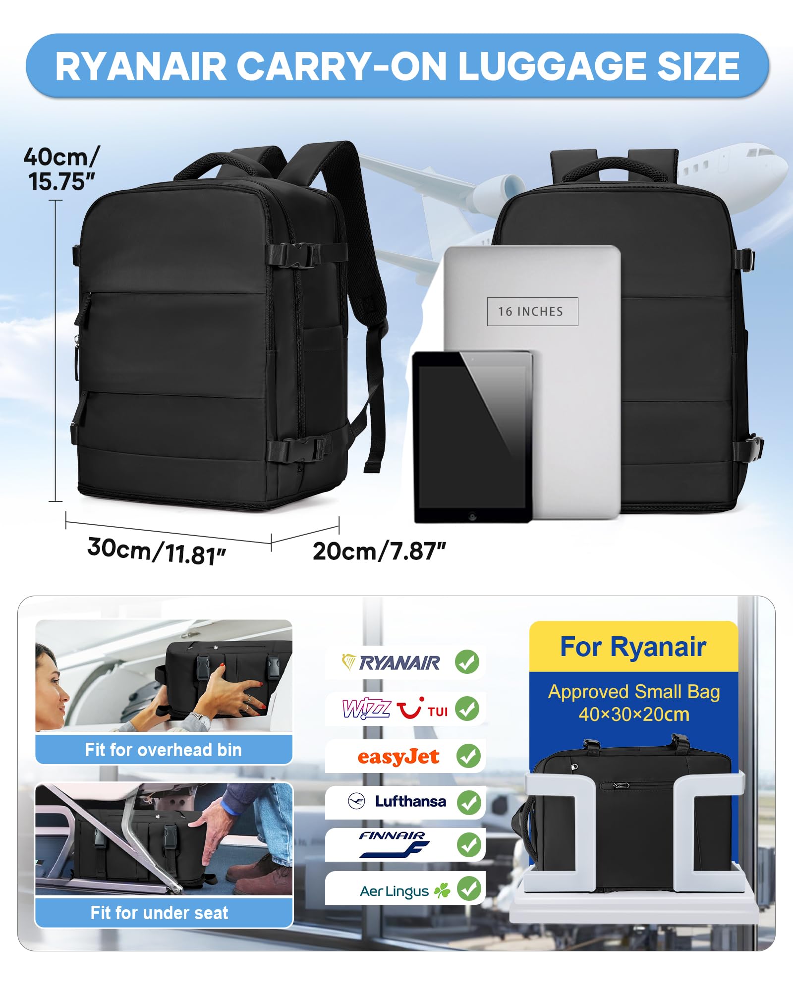 BJLFS Borse da Cabina per Ryanair 40x30x20 Bagaglio a mano Sottovuoto 40x20x25 Zaino da Viaggio con Sottovuoto impermeabile Donna Zaino Easyjet 45x36x20 Zaini Wizzair con porta scarpe