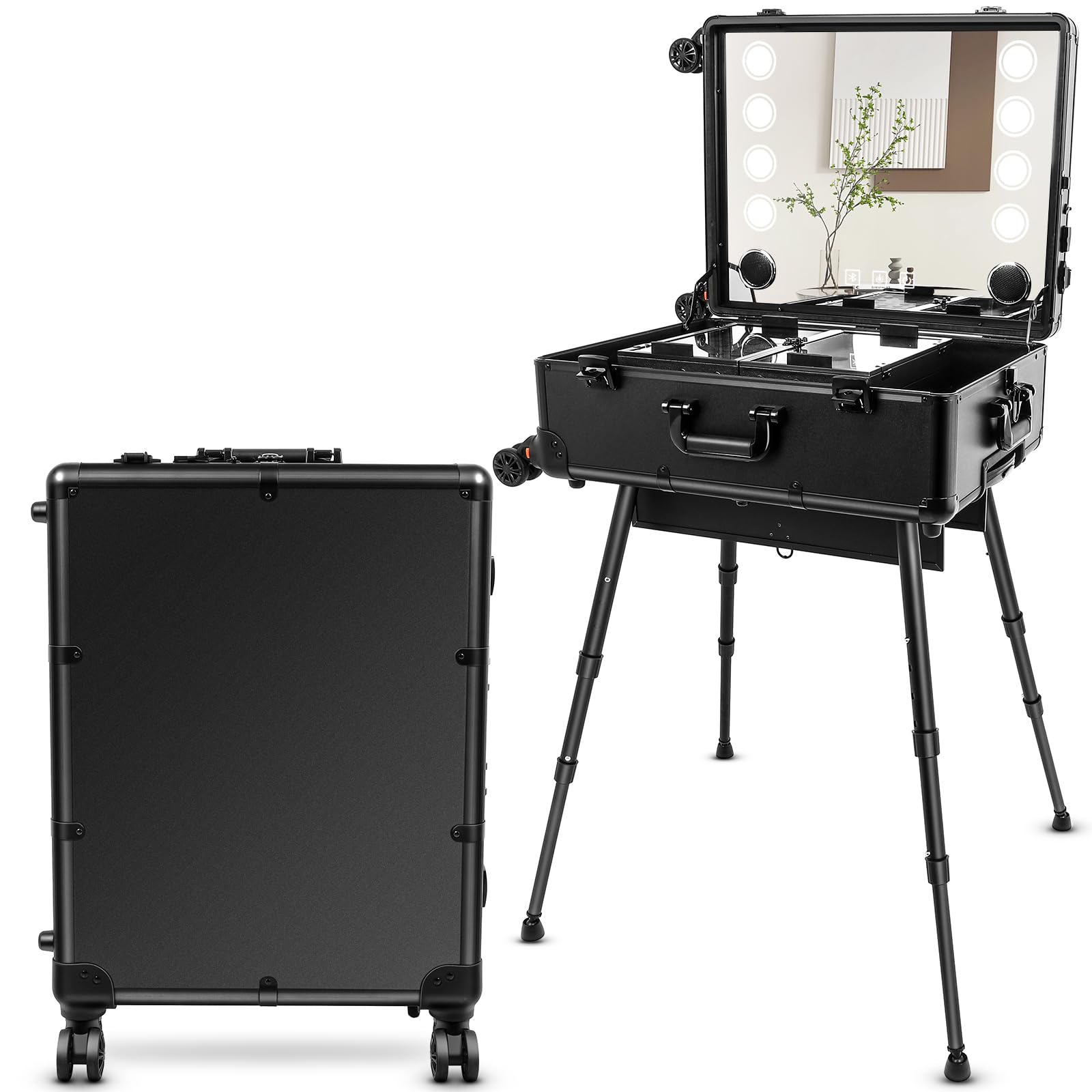 GCCSJ Aluminum Trolley Makeup Train Case with 8 LED Light 24'' Rolling