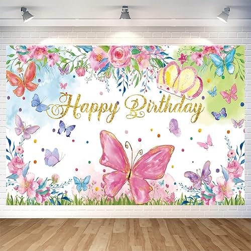 Fondo de mariposa con texto en inglés Happy Birthday para decoración de cumpleaños de mariposa para niña, hogar, interior y exterior, suministros de