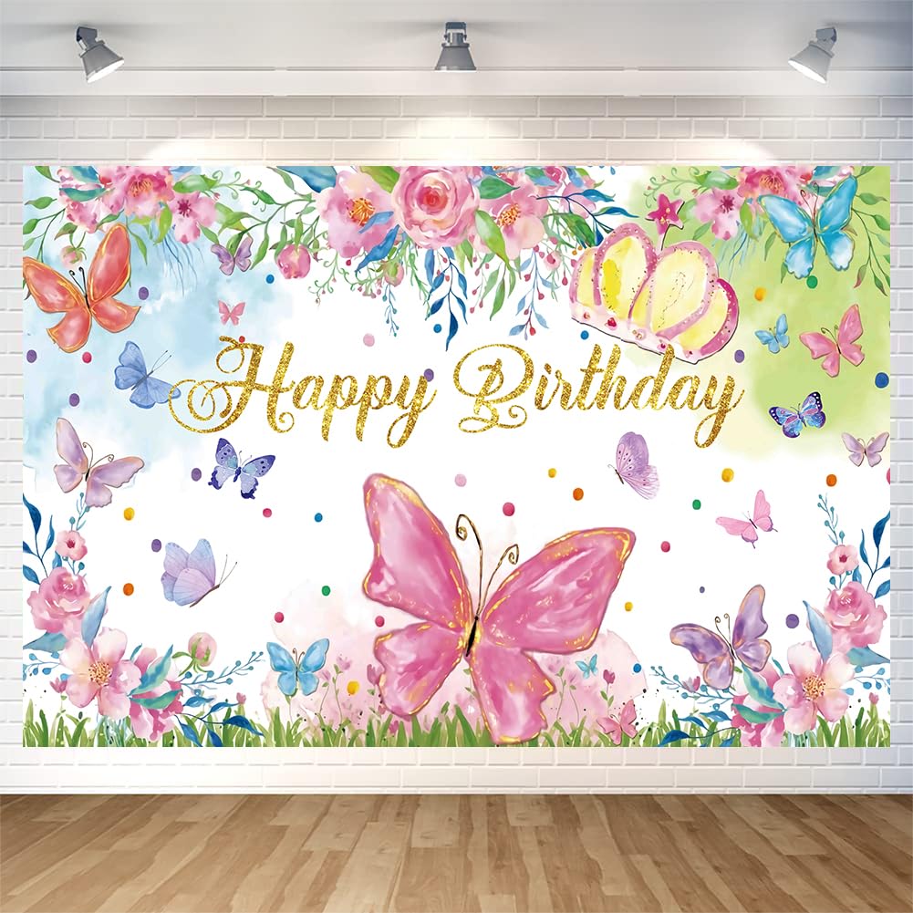 Butterfly Happy Birthday Backdrop Decorations Butterfly Happy Birthday Banner Butterfly Birthday Photo Background for Girl Home Indoor Outdoor Birthday Party Decorations Supplies 70.8 x 47.2 Inch