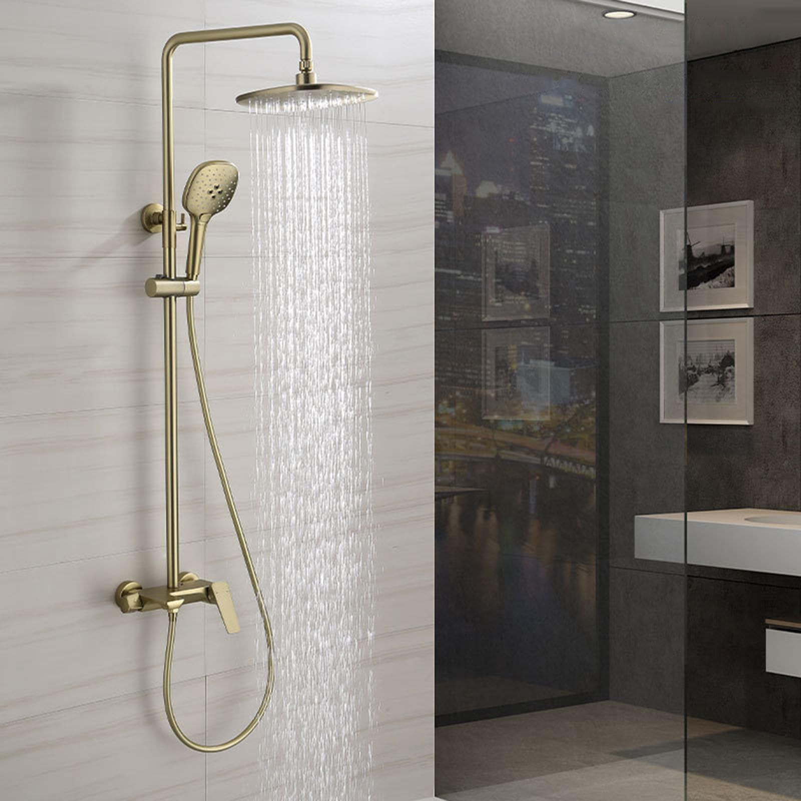 Colonna Doccia con Cascata Oro Spazzolato a Muro