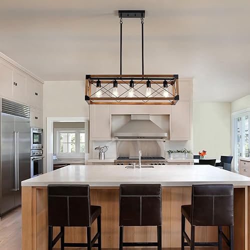 Miniatura 2 de Lámpara de comedor, Lámpara de granja, Iluminación de isla de cocina, Lámparas colgantes rústicas de 5 luces, Luces de isla de madera de campo