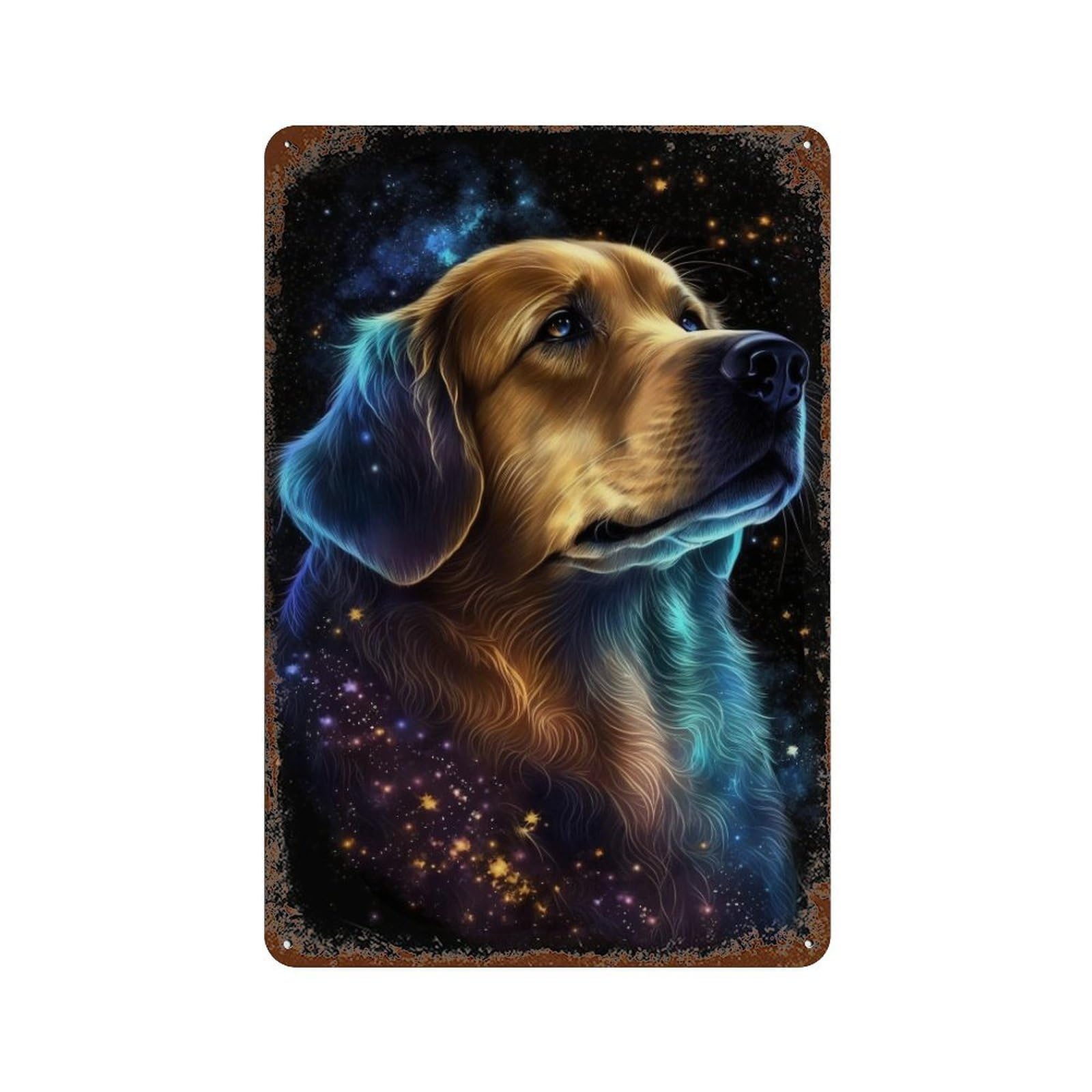 Rust Effect Galaxy Golden Retriever Art Print Rusty Metal Tin Sign 11.8"x7.9", Farmhouse Wall Decor for Cafe, Home Bar And Lounge Decor