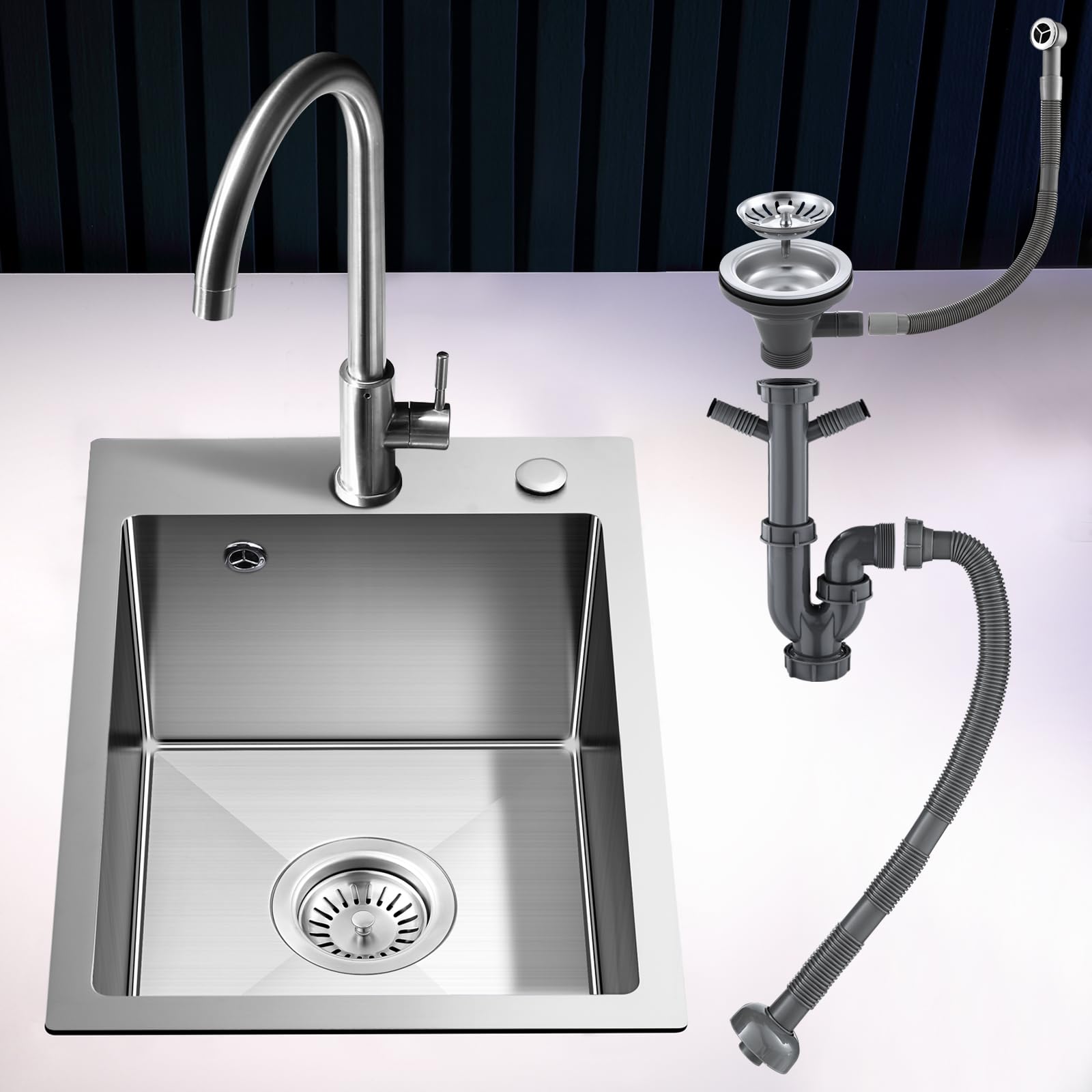 Évier de cuisine avec trous pour robinet ROVOGO, lavabo cuisine 1 bac et kit vidage trop-plein