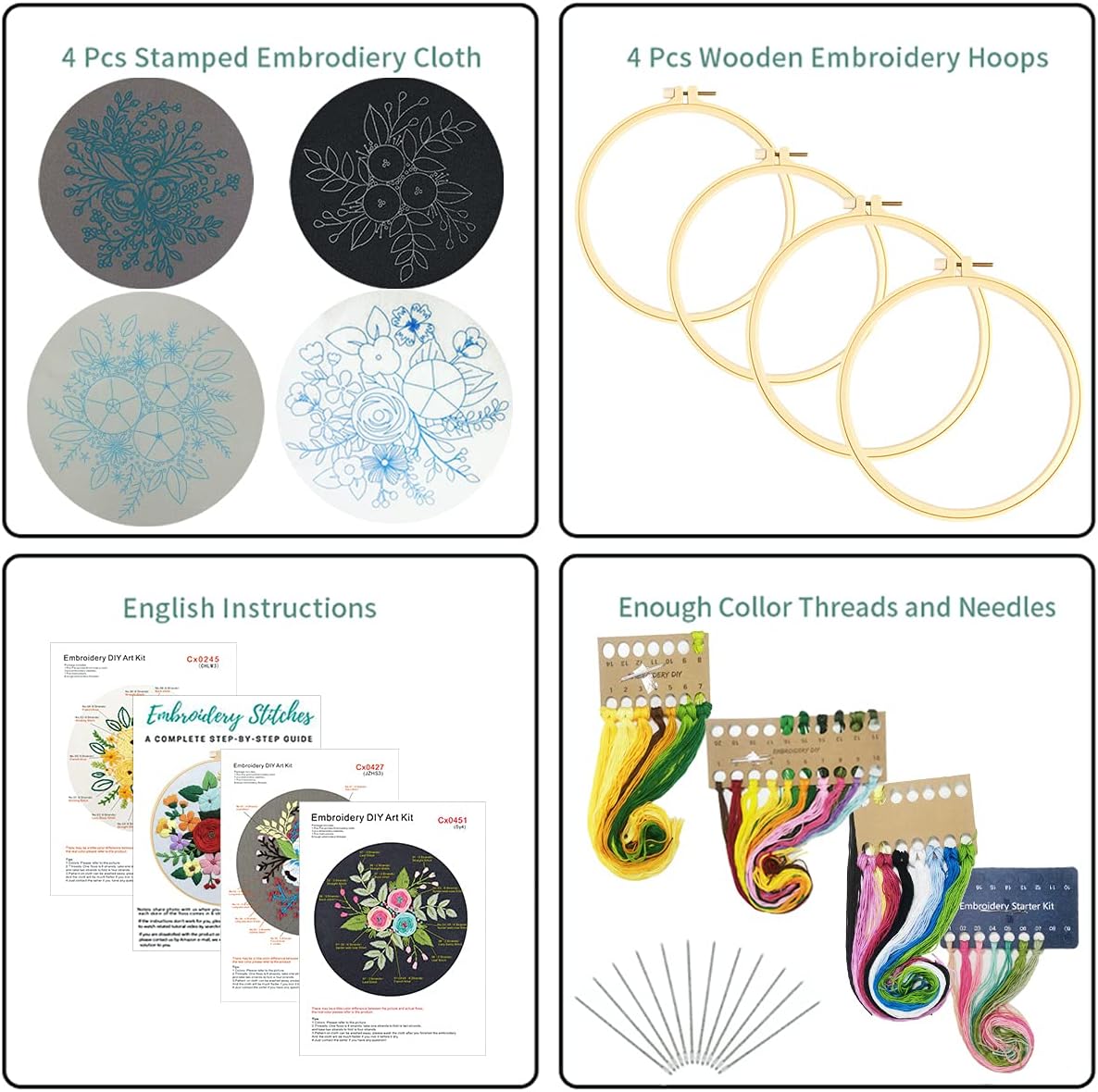 Louise Maelys 4 Pack Embroidery Starter Needlepoint Cross Stitch Kit for Beginner Adults with Floral Pattern, Craft Stamped Embroidery Set Cloth Hoops Threads Needles