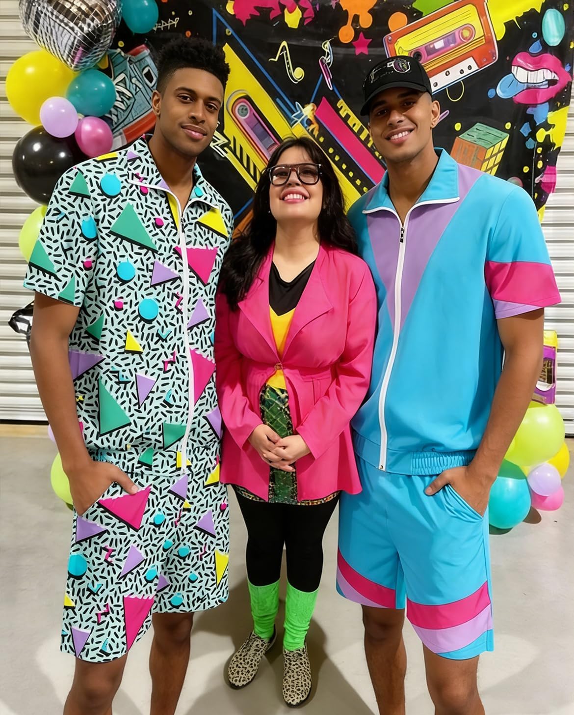 UOUA 80s Outfit for Men 90s Color Block Costumes 2 Piece Retro Short Sleeve Jacket & Shorts Set for Party - Image 4