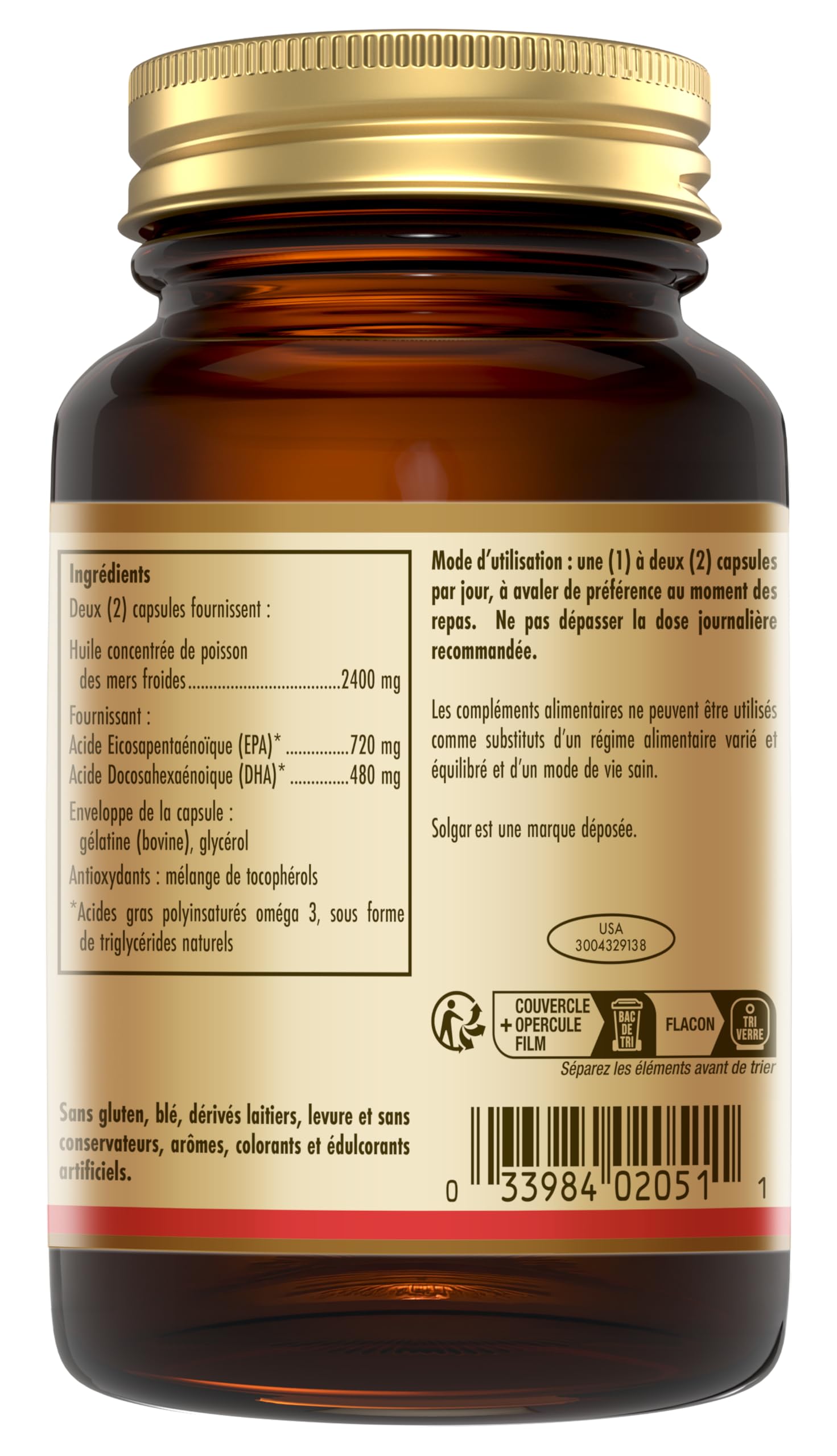 Solgar Omega 3 - Acide Gras Essentiel pour l'Organisme - Fonction Cardiaque Normale - Formule Concentrée - EPA et DHA - Hautement Assimilable - Complément Alimentaire - Flacon de 60 capsules