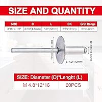 Vista 2 de PAGOW 60 remaches ciegos de aluminio con brida de 3/16 x 1/2 pulgadas (0.189 x 0.472 x 0.630 in), remaches grandes autoenchufables de extremo