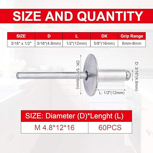 Miniatura 2 de PAGOW 60 remaches ciegos de aluminio con brida de 316 x 12 pulgadas (0.189 x 0.472 x 0.630 in), remaches grandes autoenchufables de extremo abierto