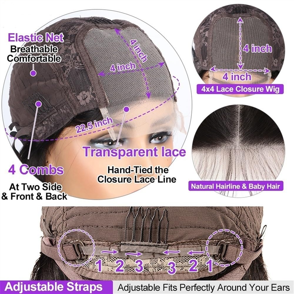 Parrucca for capelli umani corti ricci Bob Onda d'acqua 4x4 Parrucche trasparenti con chiusura in pizzo for donna(14inches)