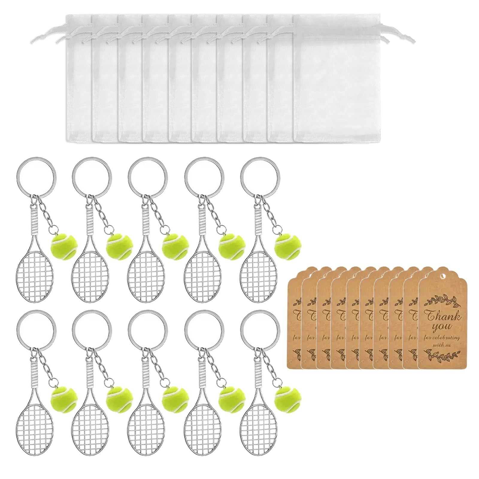 OSNIYAW 10Pcs Tennis Racquet Keychain Racket Rings with Organza Drawstring Bag for Bag Charm Backpacks Decorations Keychain